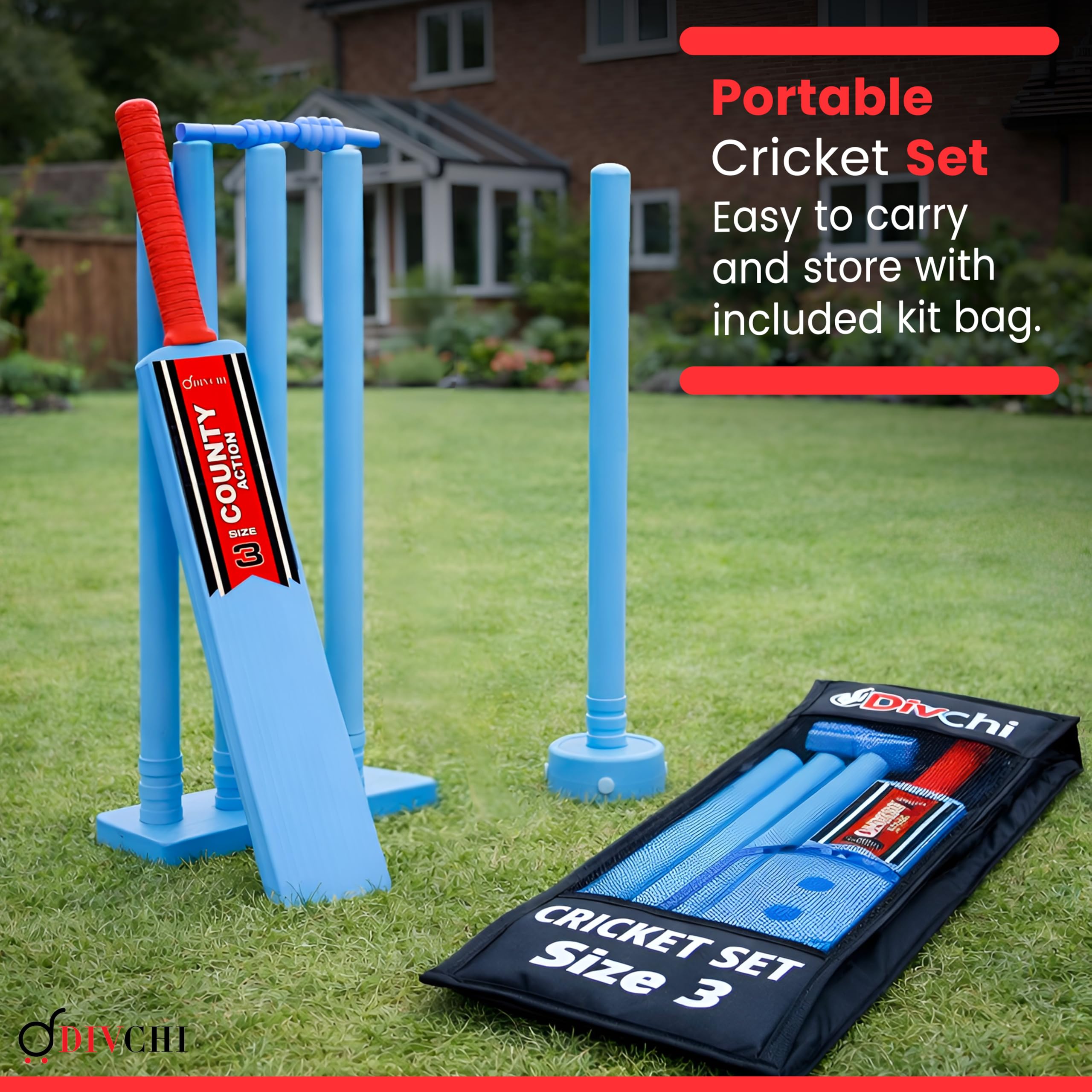 DIVCHI Kinder-Cricket-Set Größe 3 – Komplettes Kinder Set mit Kunststoffschläger Wickets Ballständer und -Tasche Ideal für Cricket-Spiele im Freien im Garten oder auf der Straße für Jungen und Mädchen