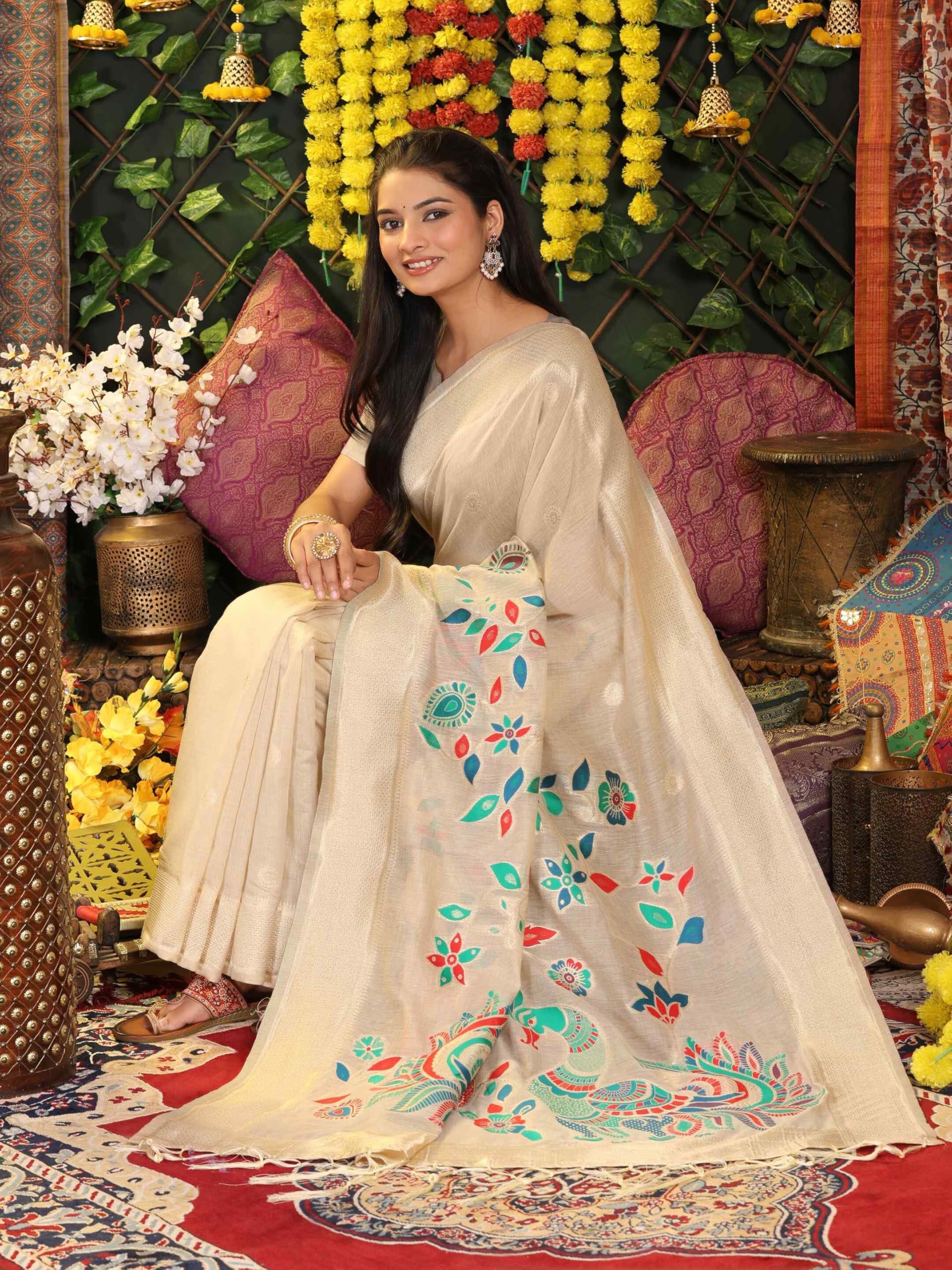 Shiv Textiles Women's Linen Cotton Floral Printed Saree(AUS-ASAVY1001-CREAM) 2