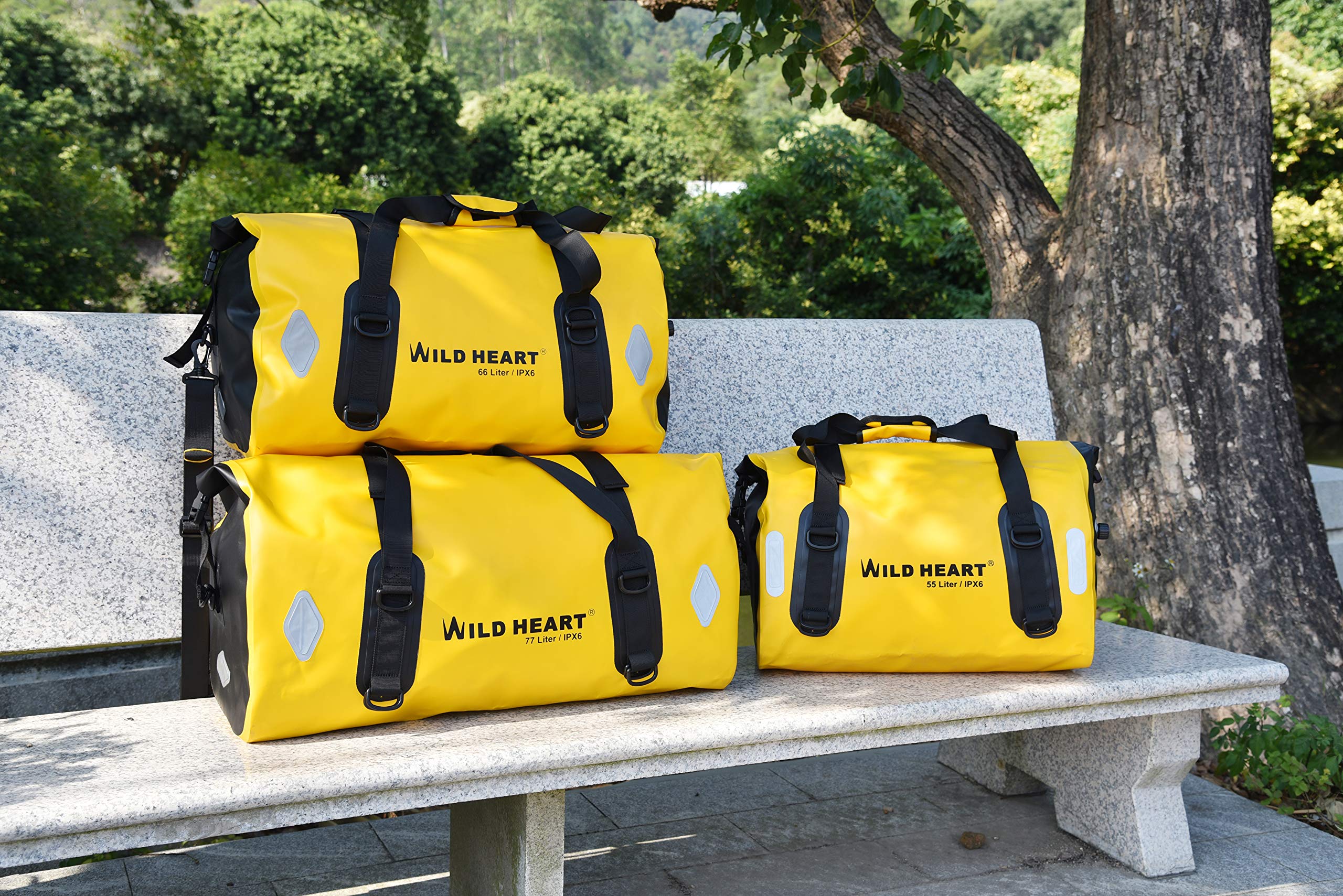 WILD HEART Sac étanche 55L, 66L, 77L, pour Moto, Voyage, Vélo, Randonnée, Camping (77L, Jaune)