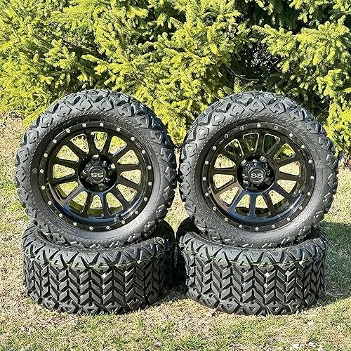 Vista 58 de Juego de 4 ruedas y neumáticos para carrito de golf Phantom en negro brillante de 14 pulgadas, neumáticos todoterreno de 23x10-14, certificación 14