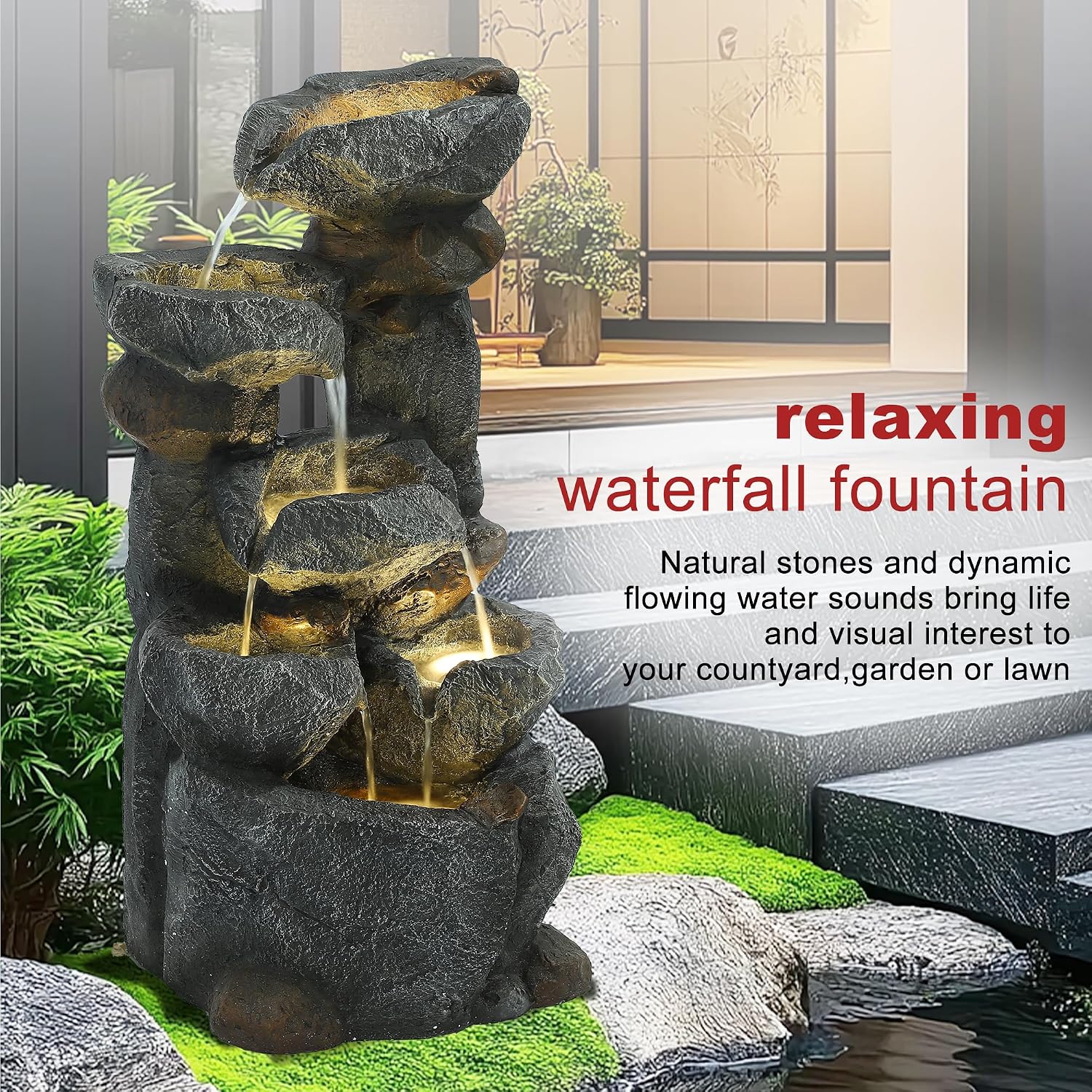 6-Tiers Cascading Outdoor Water Fountain with 6 LED Lights, Garden Fountain with Waterfalls for Home Garden, Patio, Porch and Backyard Art Decor, Natural Stone, Soothing Sound, Gray