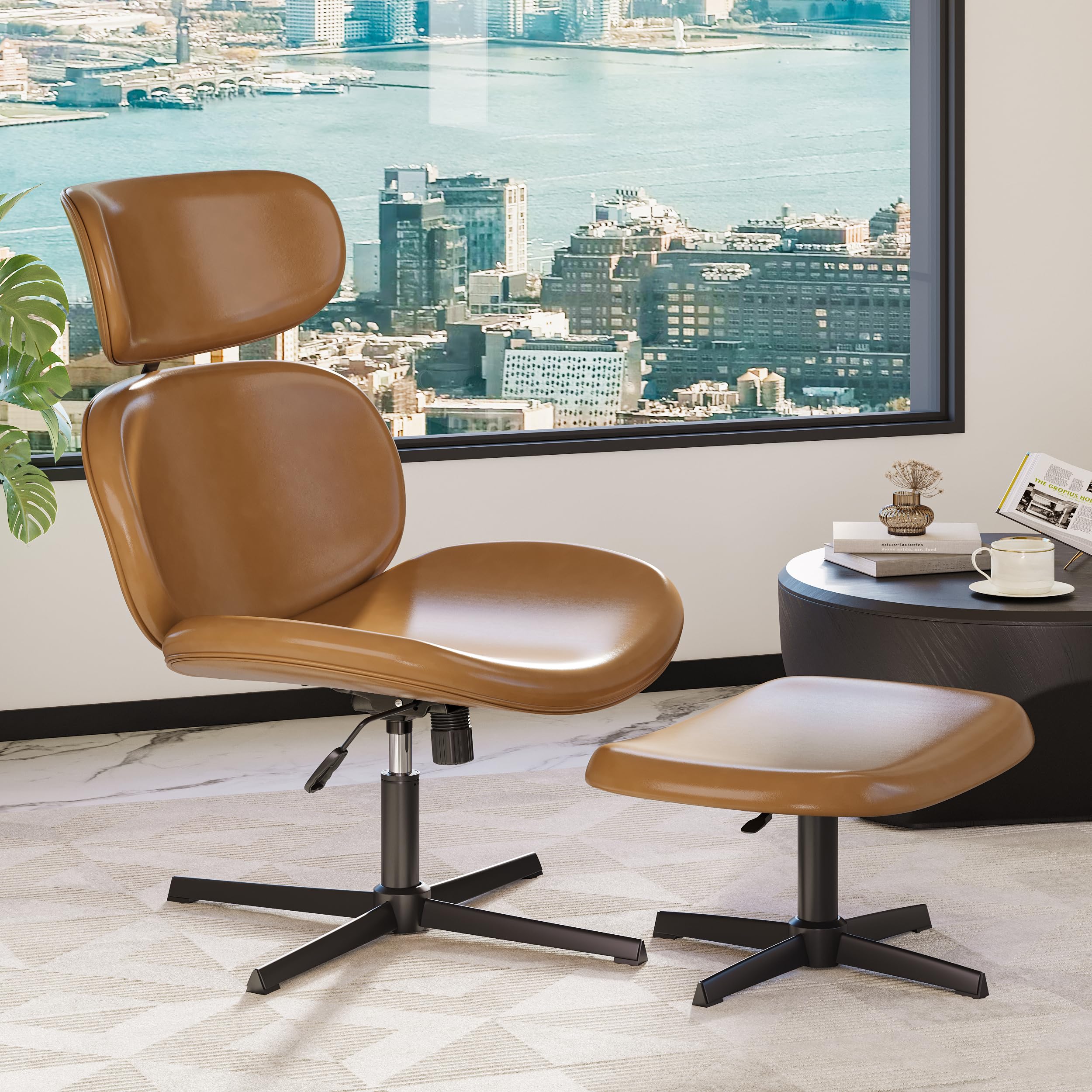 Bestier Swivel Modern Chair with Ottoman No Wheels, PU Criss Cross Reading Chair with Extended Headrest & Adjustable Seat, Modern Armless Ergonomic Chair for Living Room, Brown