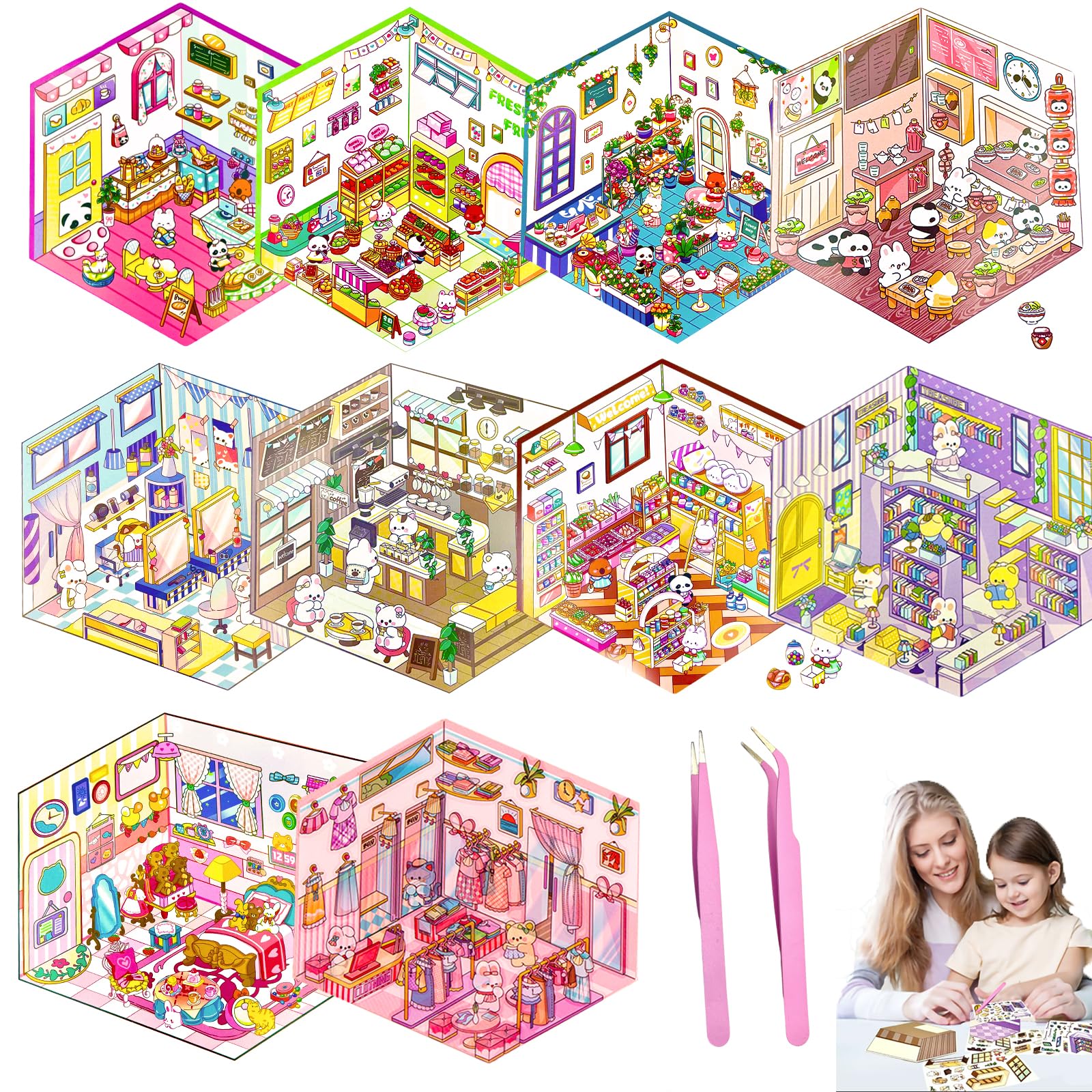 10 Sets DIY 3D House Stickers Kit Non-Toxic & Safe 3D Miniature Scene Therapy for Kids and Adults, Stress Relief Sticker Scenes with Tweezers Creative Fun & Reusable DIY Sticker Therapy Kit for age 3+