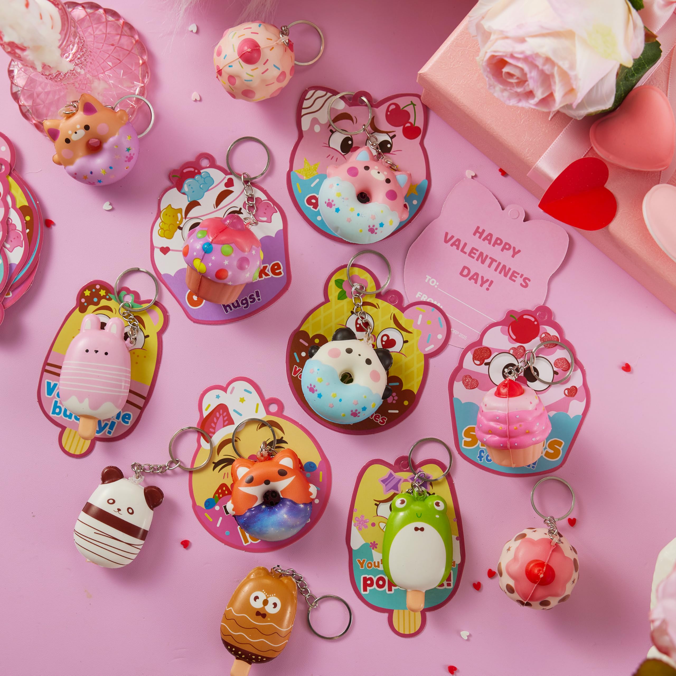 JOYIN 28 Packs Valentine Dessert squishy toys Stress Relief Keychains with Cards for Classroom Exchange Prizes, Fidget Toy Valentine’s Greeting Cards, Valentine Party Favors, Exchange Gifts: Cute