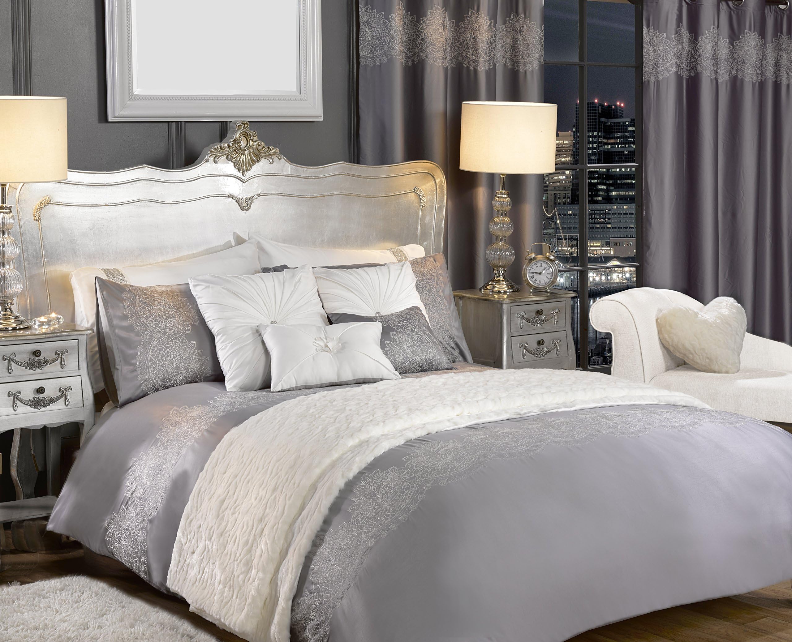 By Caprice Home Sophie Embroidered Lace Duvet Cover Single Size Silver/White