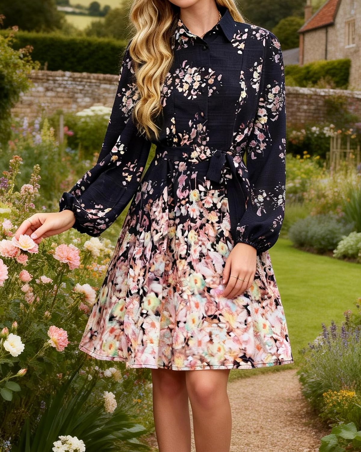 Women Long Sleeve Spring Button Down A-Line Floral Print Summer Cocktail Shirt Dresses with Belt - Image 4