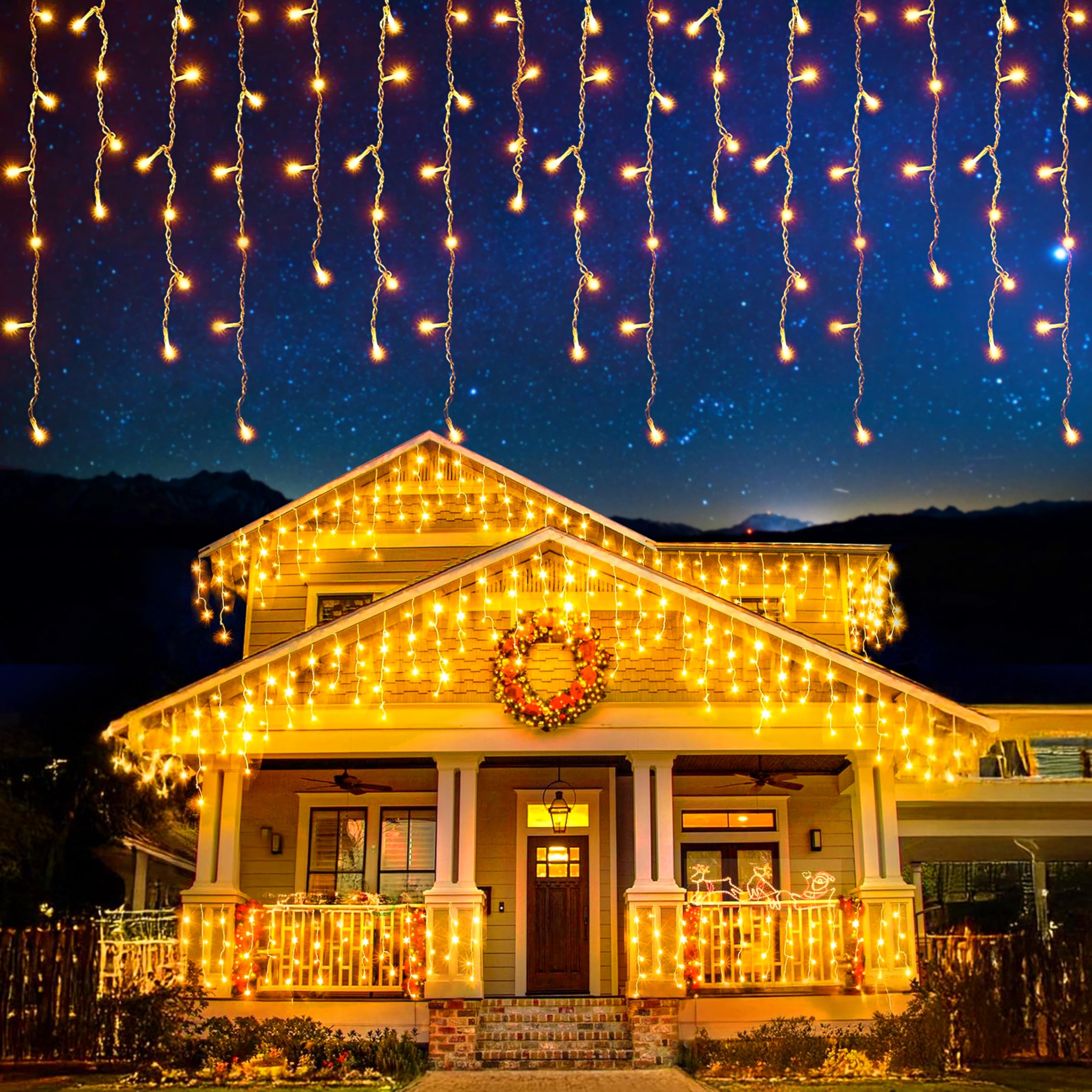 EcoNour Eiszapfen-Lichterkette für den Außenbereich, 2000 LEDs, 60 m, warmweiß, mit Timer für Weihnachten, Garten & Party | Netzbetriebenes, transparentes Kabel