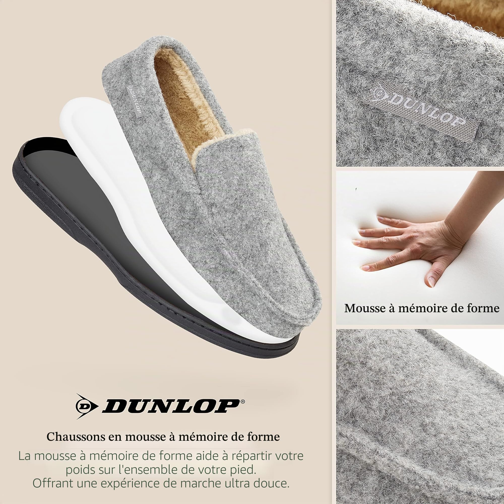 DUNLOP Chausson Homme Semelles Antidérapantes Chaussons Charentaises Hommes Mémoire de Forme Intérieur Extérieur Pantoufles Mocassins Loafers Hiver