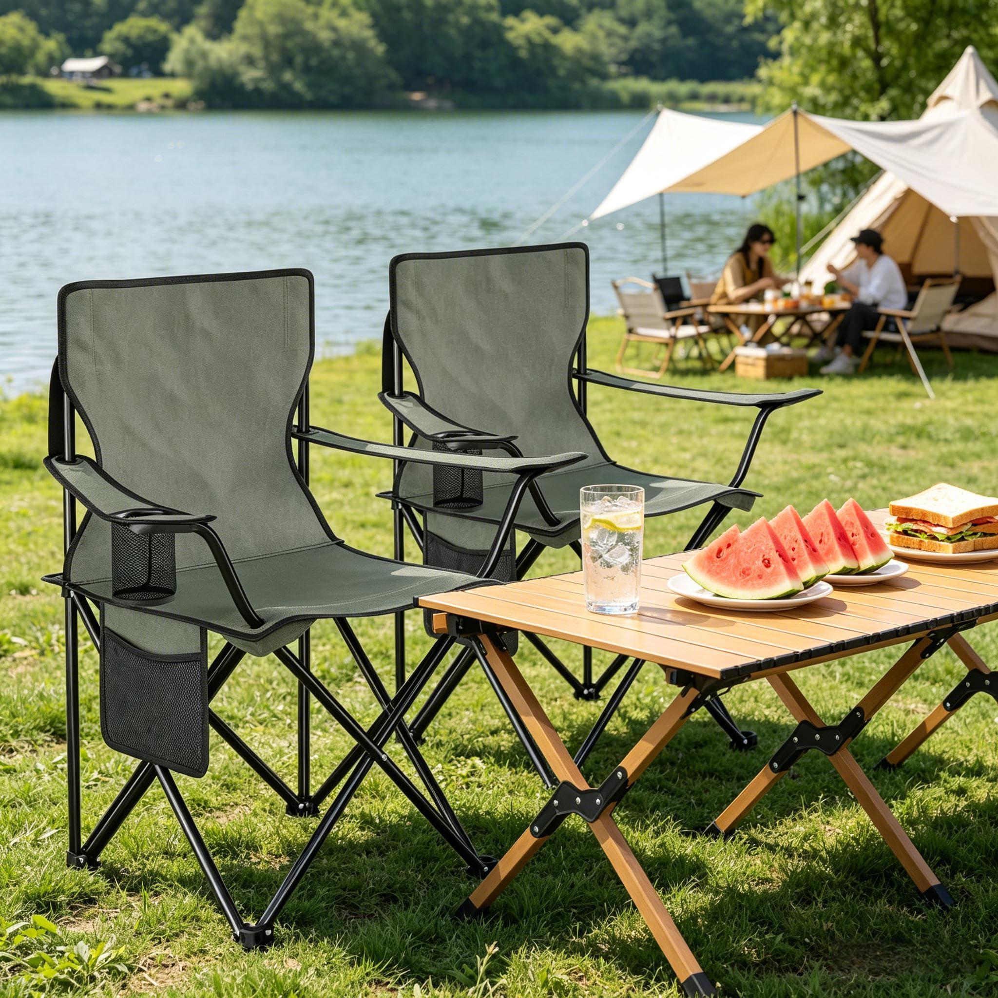 Lot de 2 chaises de camping pliantes avec porte-gobelet, chaise de plage et chaise de pêche, chaise de camping d'extérieur avec cadre en métal, tissu Oxford, gris foncé