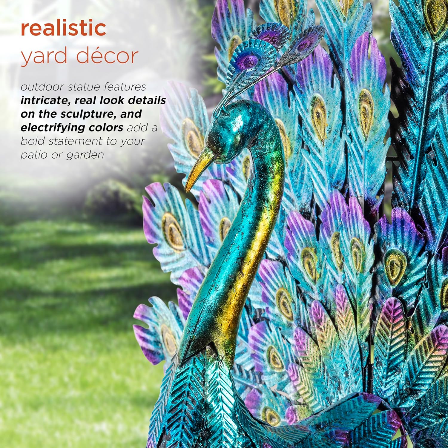 Alpine Corporation 23" Tall Outdoor Metallic Peacock Tail Spread Yard Statue, Vibrant Garden Sculpture for Patio, Lawn, or Entryway, Multicolor