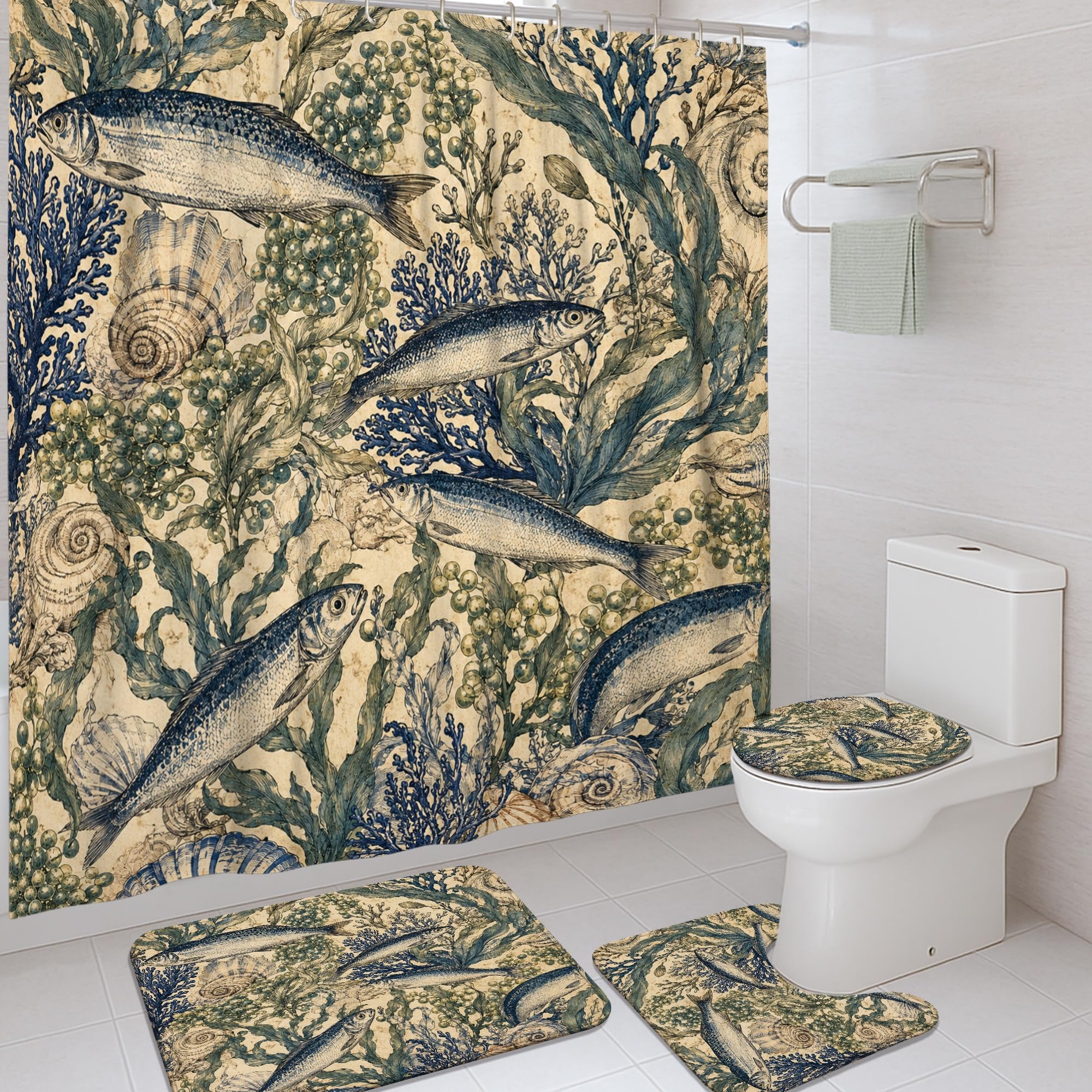 Rideau de douche imperméable en polyester bleu marine à motif poisson côtier