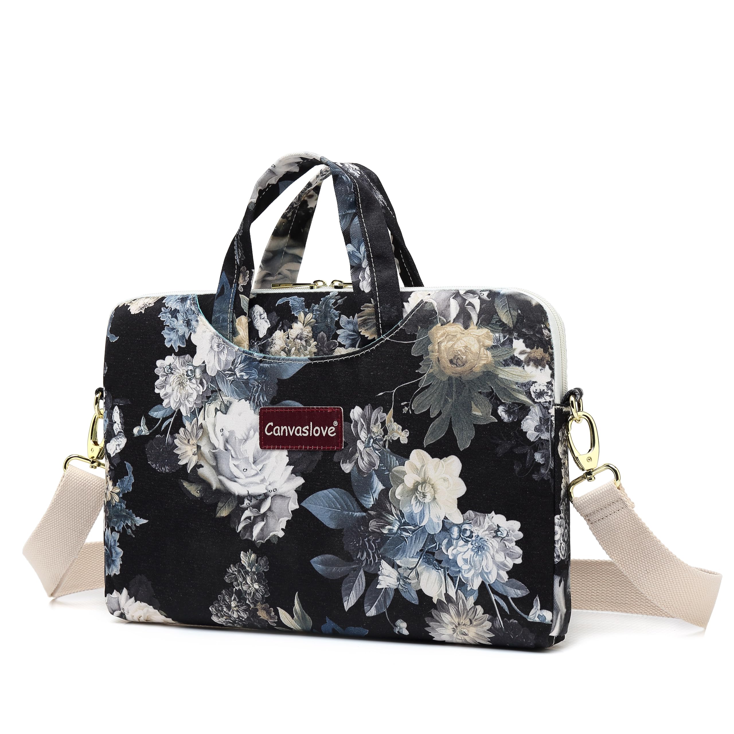 Canvaslove Floral Laptop Messenger Bag, Water Resistant Canvas, 15-16 inch Compatible, Black with Blue and White Flowers (White Flower)