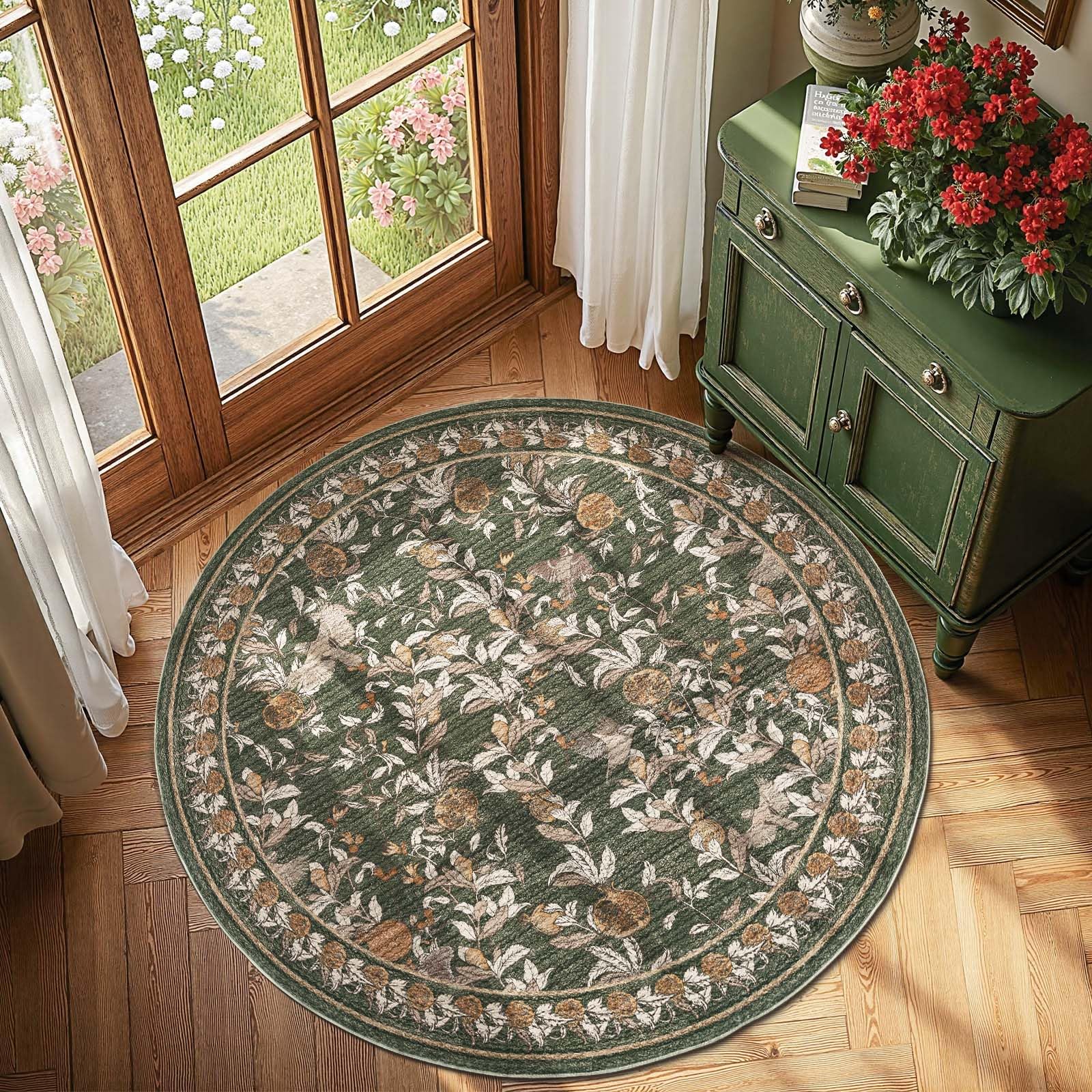 jinchan Eden Floral Round Rug 5ft Area Rug Washable Vintage Soft Non-Slip Distressed Orange Green 5' Circle Carpet Low Pile Accent Rug for Entryway