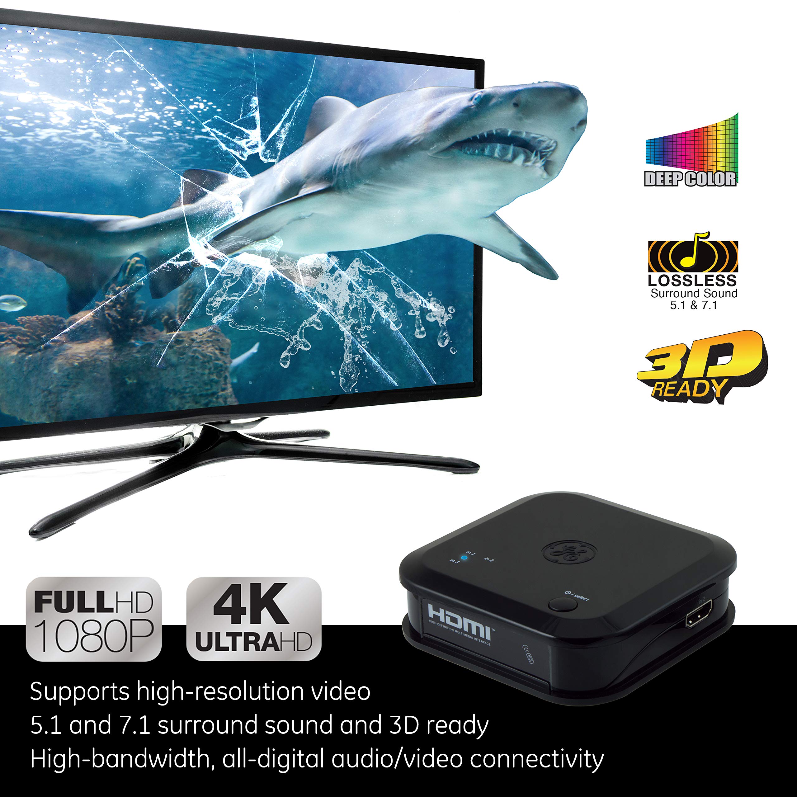 GE Switch HDMI con telecomando, confezione da 8 pezzi, 3 ingressi 1 uscita, HDMI 2.0 4K @ 60Hz 1080P HDCP2.2 compatibile, per Roku, Fire Stick, lettori DVD Blu-ray, Cable Box, PlayStation, Xbox,