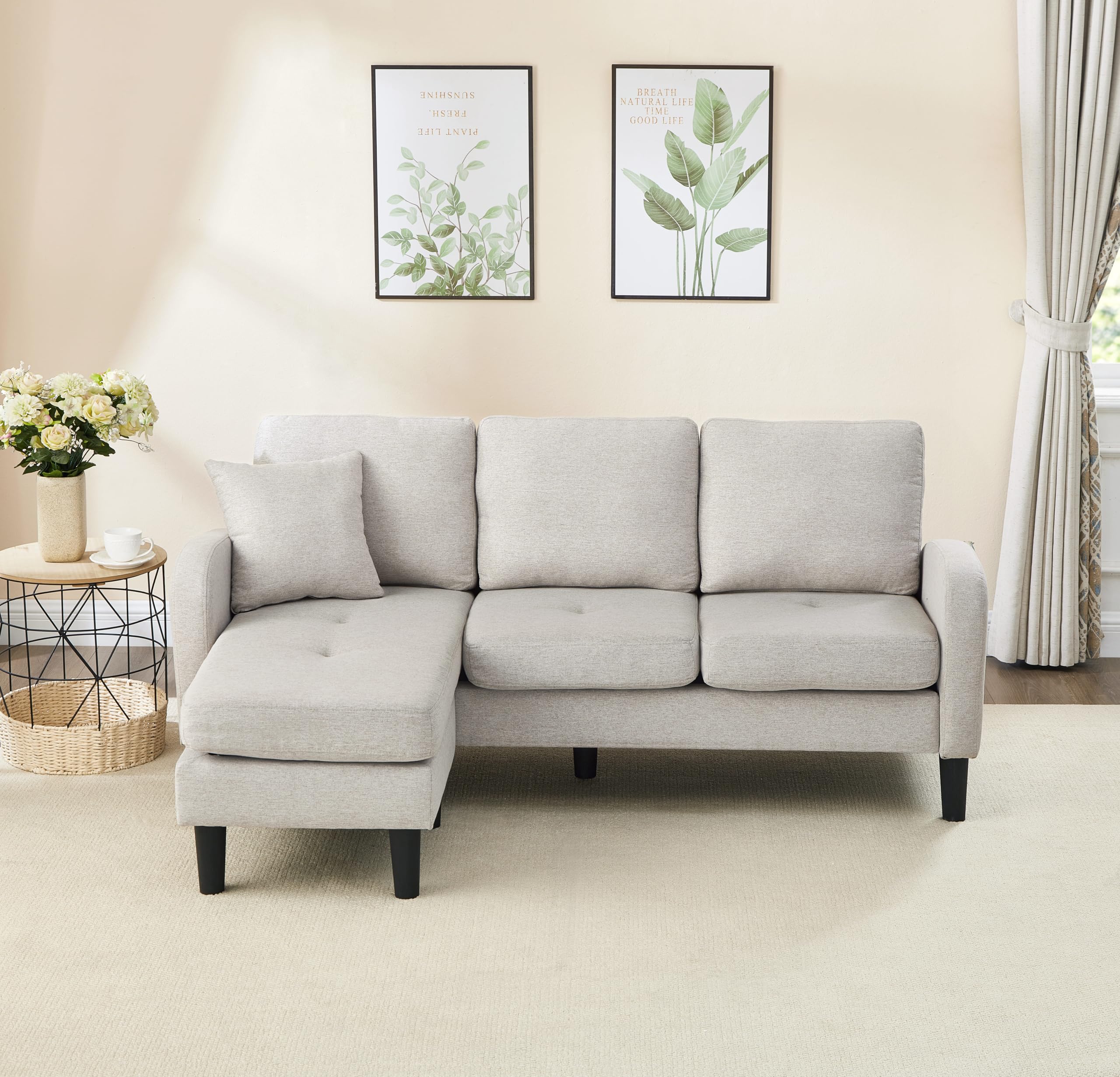 Sofá esquinero con chaise longue, sofá de 3 plazas con patas de plástico, tela de lino de algodón, ideal para salones, apartamentos y oficinas, color beige
