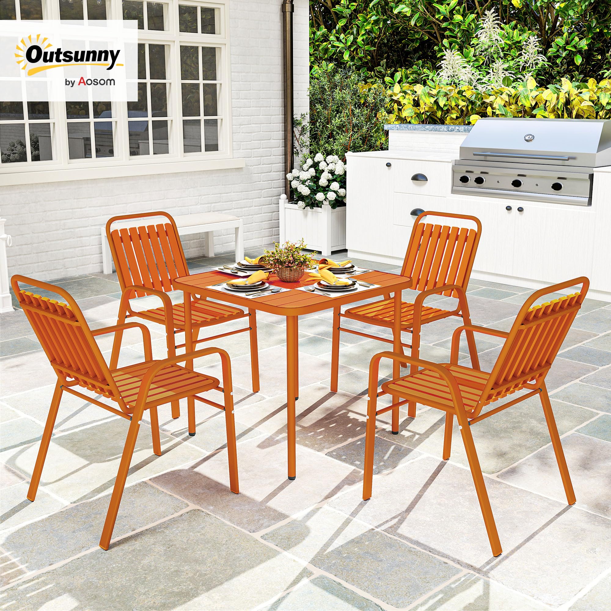 Outsunny Salon de Jardin extérieur 5 pièces, Table de Jardin extérieure avec 4 chaises empilables, Plateau à Lattes 80 cm, Structure en Acier Anti-Rouille, pour terrasse, Patio, Orange