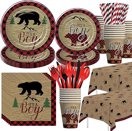 Xigejob Decoraciones de leñador para baby shower, suministros de fiesta de leñador para bebé, plato, taza, servilleta, mantel, cubiertos, búfalo a