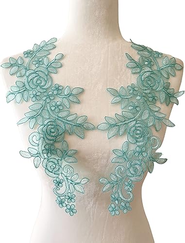 Miniatura 2 de PEPPERLONELY 1 par de flores de encaje para vestido de novia, parche bordado para coser en apliques de encaje, 13.75 x 5.5 pulgadas, color negro