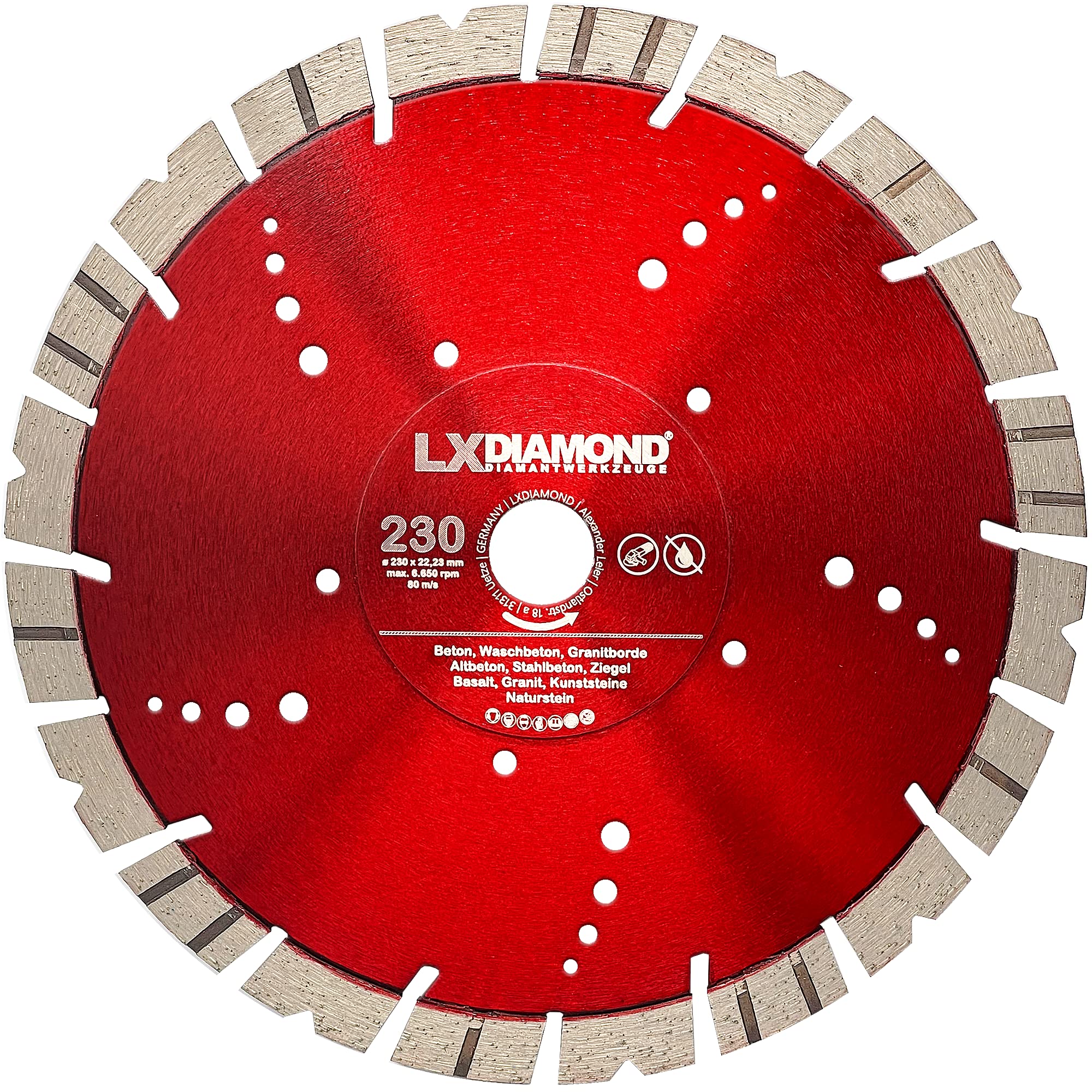 LXDIAMOND Diamant-Trennscheibe 230mm x 22,23mm - Segment 15mm - für Hartgestein Kunststeine Stein Ziegel Granit Granitborde Stahlbeton Naturstein Beton Diamantscheibe 230 mm - in Premium Qualität