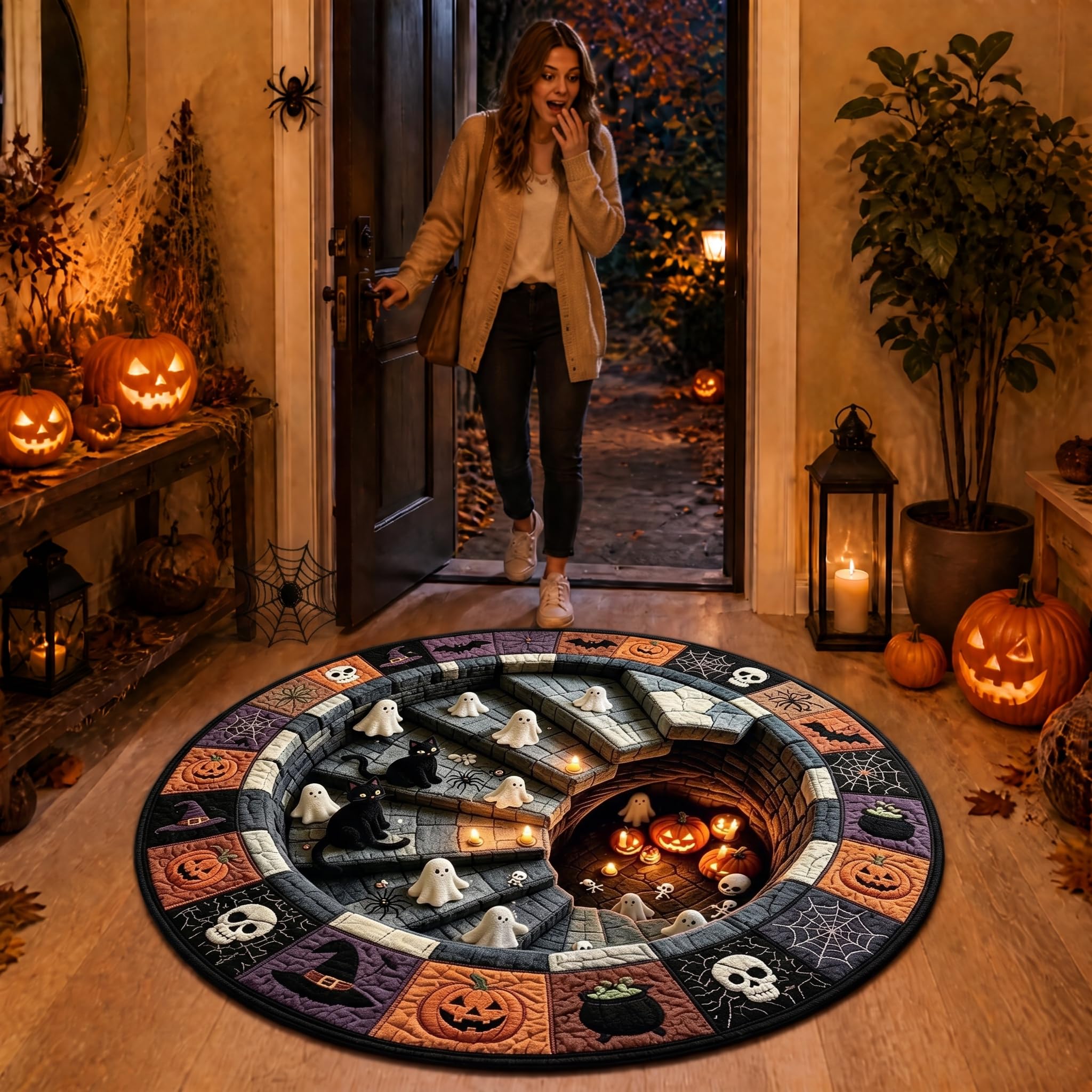 CBMZHF Halloween 3D Rug, 3DOptical Illusion Skeleton Abyss Round Area Rug, Spooky Indoor Floor Mat for Living Room Bedroom Entryway and Halloween Party Decor (80 * 80cm) (Rug-23)