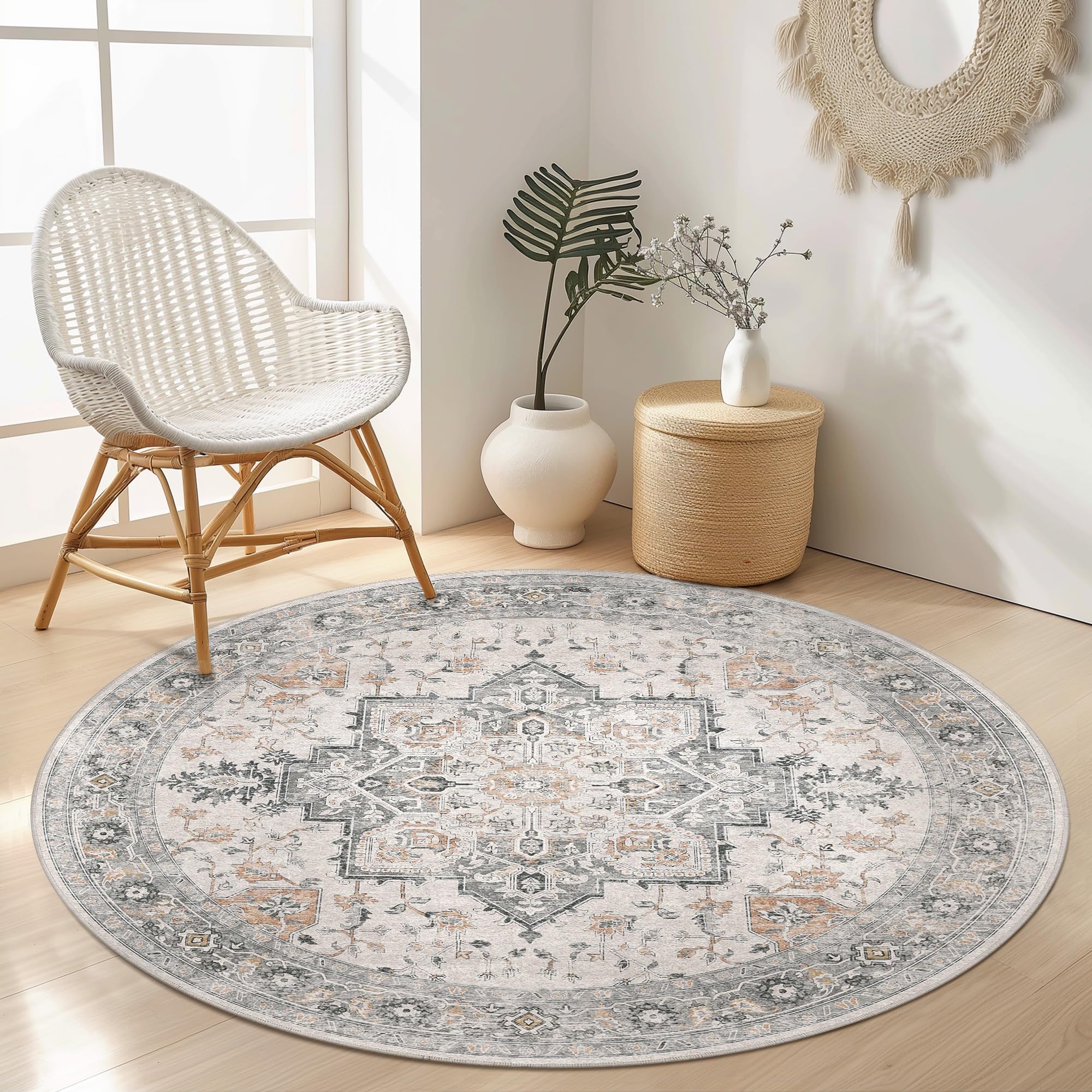 GENIMO Round Rugs Living Room 160cm, Vintage Area Rugs, Machine Washable, Non-Slip Carpet, Low Pile, Non-Shedding, Traditional Oriental Printed Design, Dining Room, Bedroom — image 1