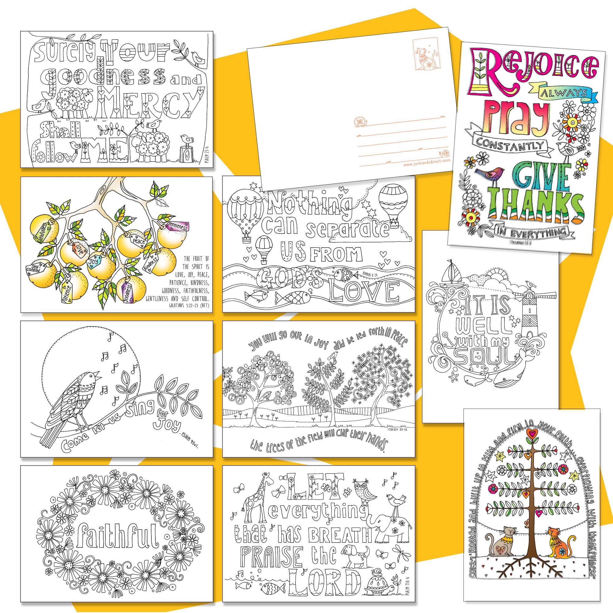 Christian Colouring Postcards, Images of Joy, Pack of 10 Different Designs, with Coloured Bible Verse on Reverse. Makes a Great Christian Gift for Adults or Children, by Just Cards Direct.