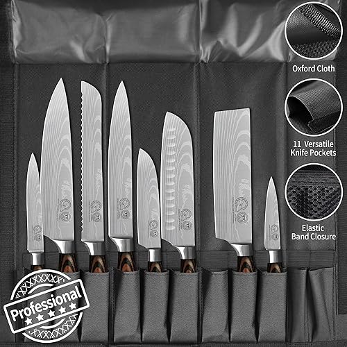 Miniatura 9 de XYJ Auténtico desde 1986, juego de 8 cuchillos de chef japoneses con bolsa de rollo y funda, cuchillos de cocina culinaria de acero inoxidable,