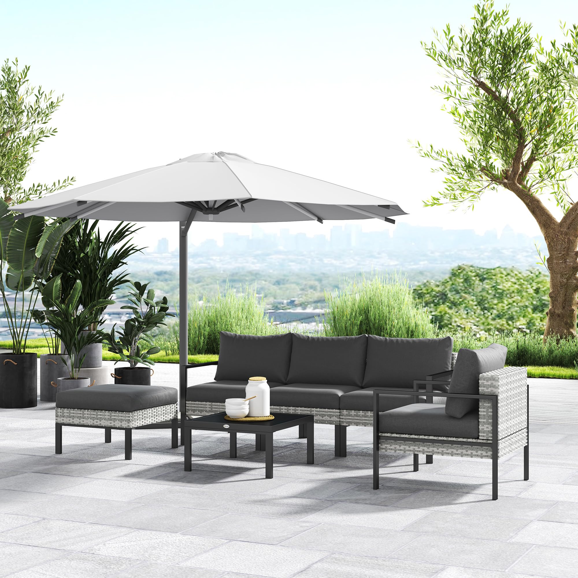 Outsunny Salon de Jardin Extérieur 5 Personnes Charge 120 kg Gris Clair | Salon de Balcon en Résine Tressée, Fauteuils, Pouf, Table Basse, Coussins Déhoussables Inclus