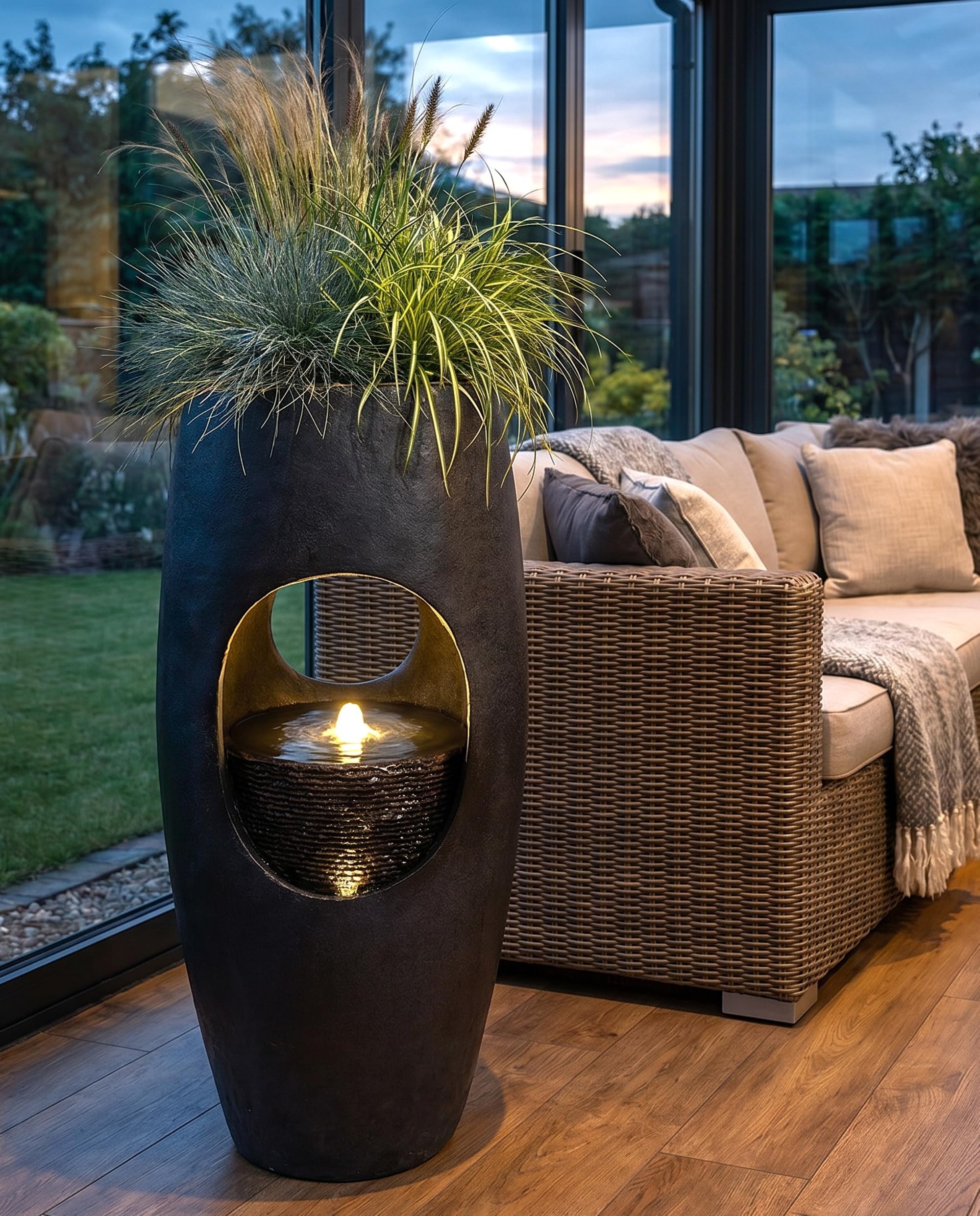 Großer Gartenbrunnen 91 cm bepflanzbar, Indoor & Outdoor Brunnen aus Polyresin, moderner Zimmerbrunnen mit LED-Beleuchtung, Pflanzkübel Springbrunnen für Terrasse Garten Balkon