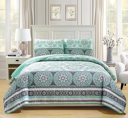 Chezmoi Collection Bodhi - Juego de colcha con estampado de medallones florales de 3 piezas, juego de edredón colorido de microfibra bohemio, tamaño