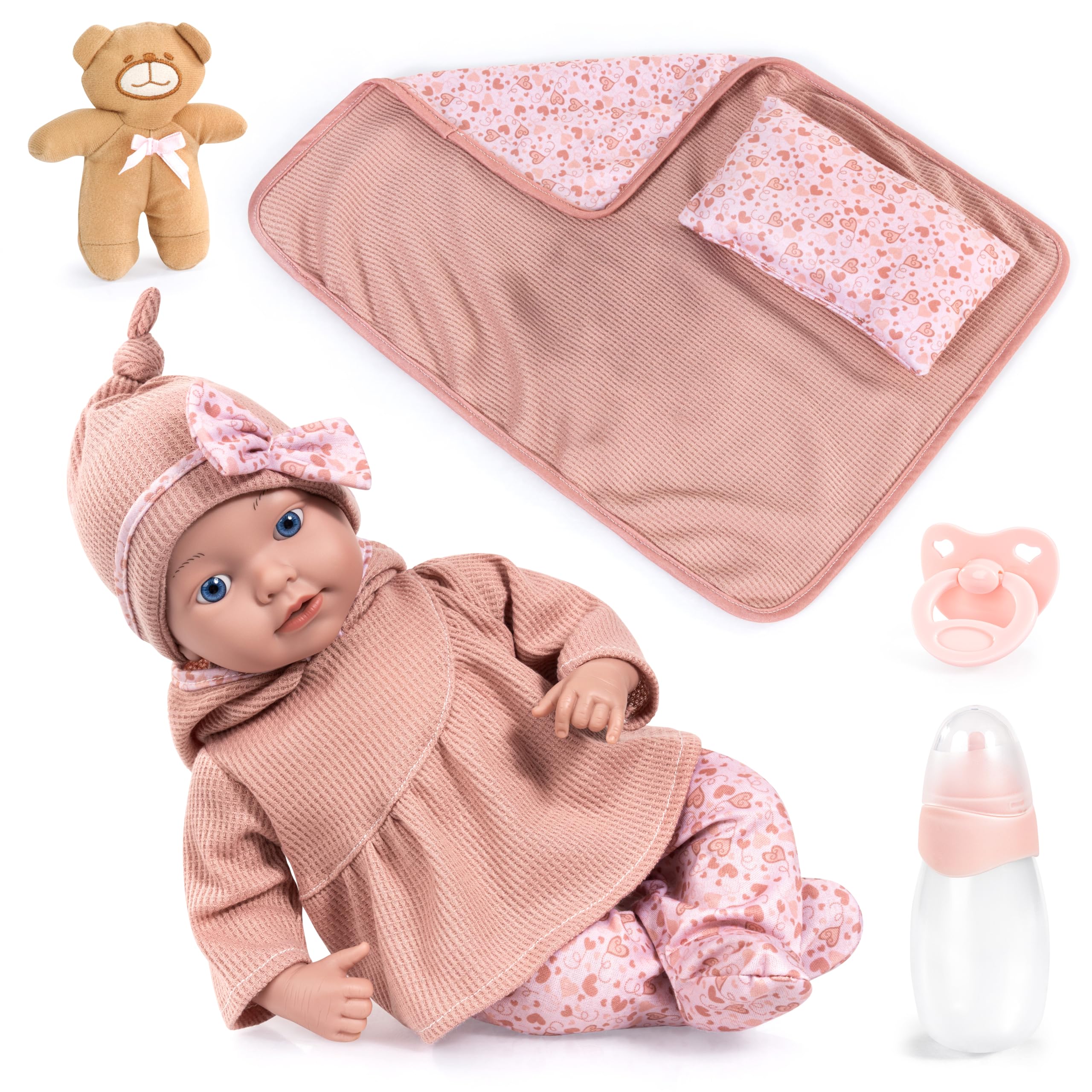 Lalka bobas Reborn, realistyczna, 38 cm, smoczek, butelka | poduszką, kocykiem, pluszowymi - Zabawki dla dziewczynek i chłopców