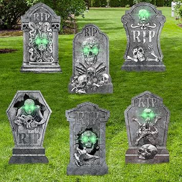 Halloween Decorations Tombstones,6Pcs Rip Gravestones with 13.7 Stakes Graveyard Headstone Signs with 12 Green Lights for Outdoor Outside Party Yard Lawn Garden Cemetery Scary Decor