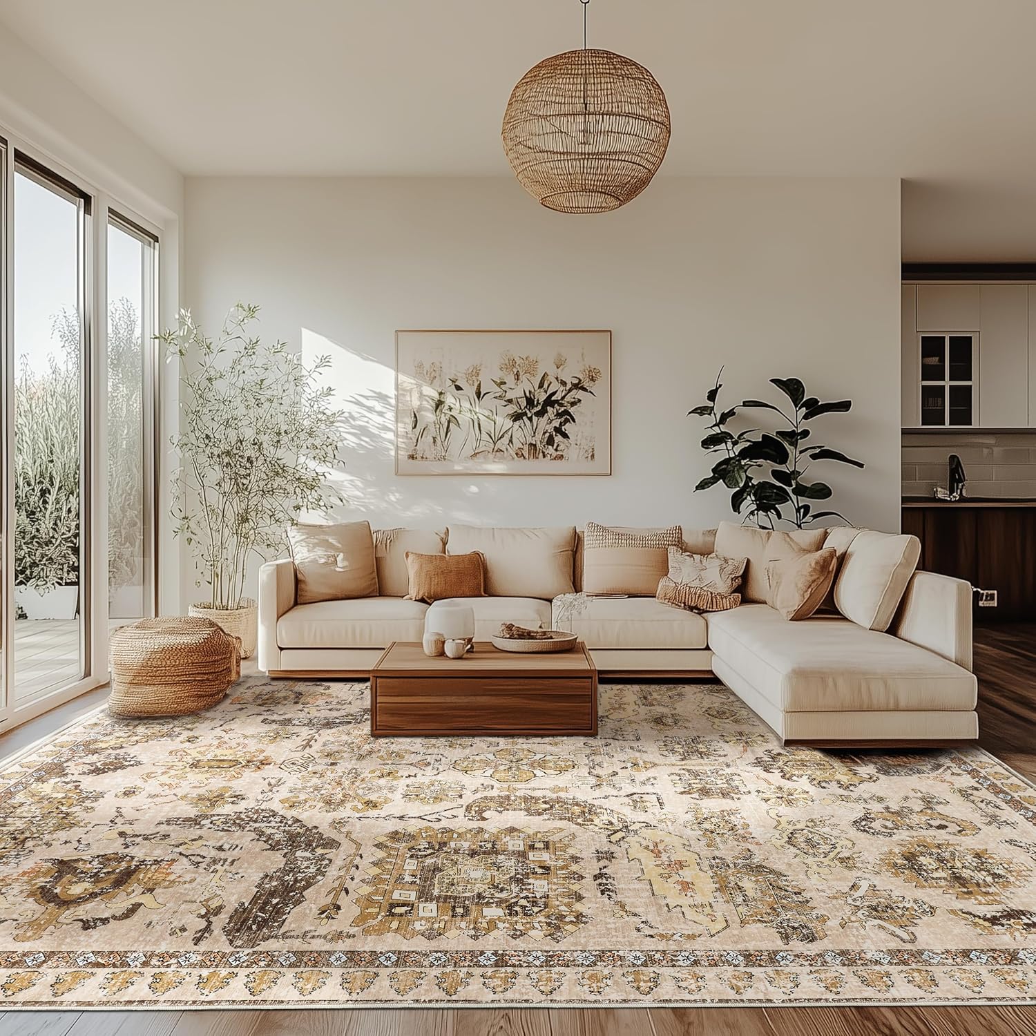 9x12 ft Washable Area Rug - Non-Slip Boho Rug for Indoor & Outdoor Use, Perfect for Living Room, Patio & More - Beige & Yellow Stylish Design