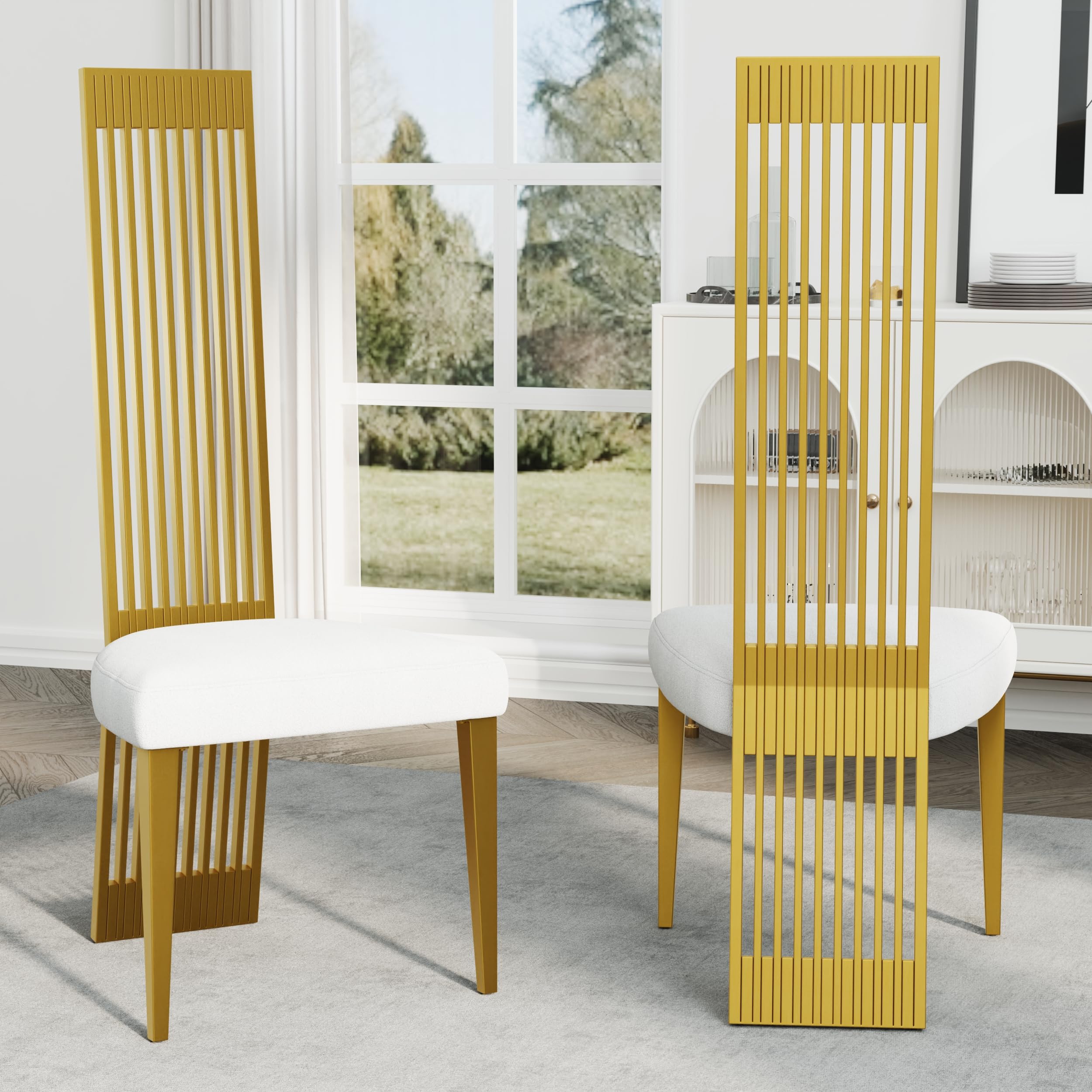 Anewsun Brushed Gold Dining Chairs Set of 2, Upholstered High Back White Dining Chairs with Stainless Steel Backrest and Legs Modern Simple High Back