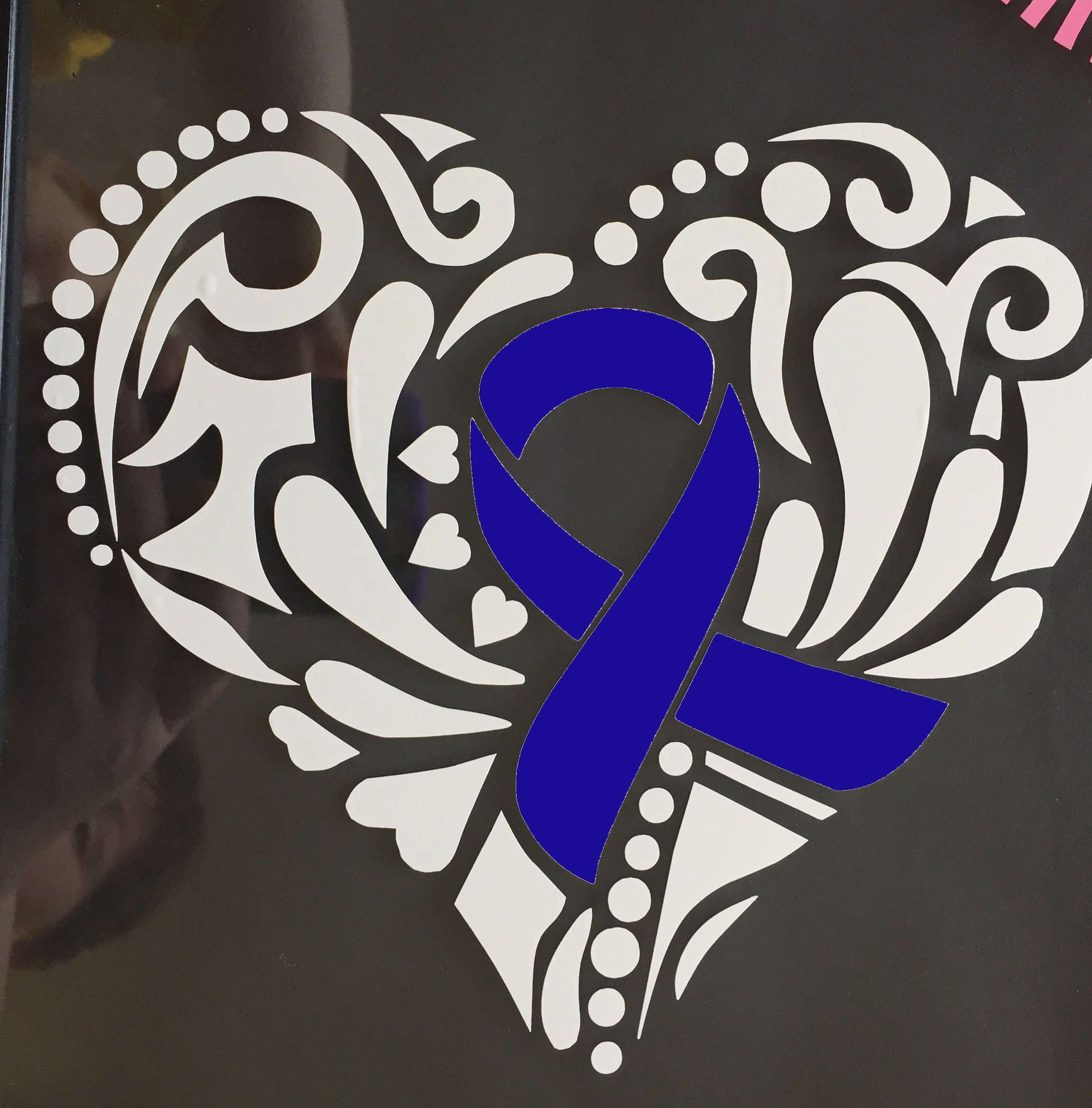 Blue Awareness Ribbon Tribal Heart Window Decal (Apraxia, Child Abuse, colon cancer, colorectal cancer, colitis, chron's, Huntingtons disease)