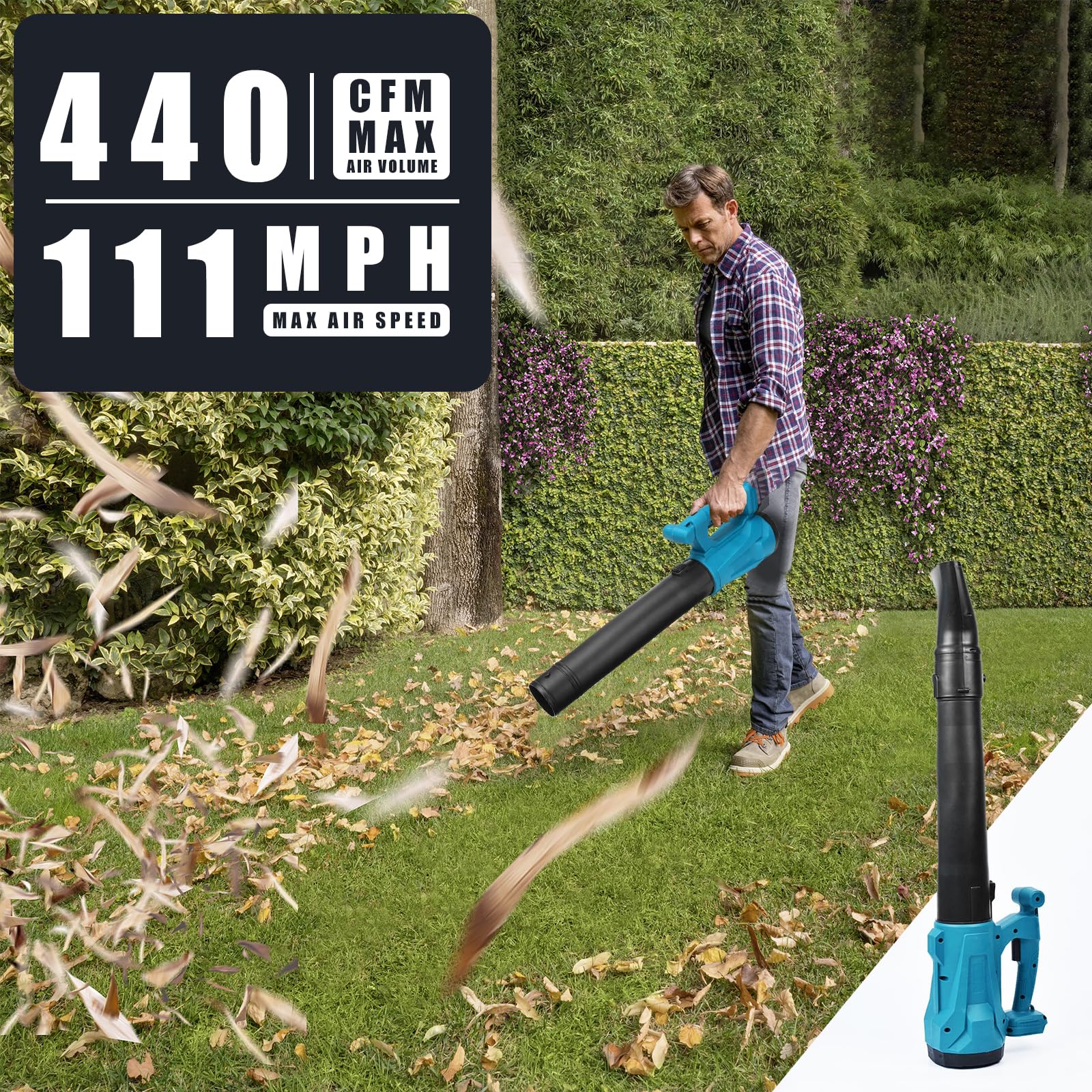 panthem Accu-bladblazer, compatibel met Makita 18 V, met 2 x 3 Ah accu's, 225 km/u, 5 versnellingen, draadloze elektrische bladblazer, 30.000 tpm borstelloos, luchtverplaatsing 600 m³/h voor tuin