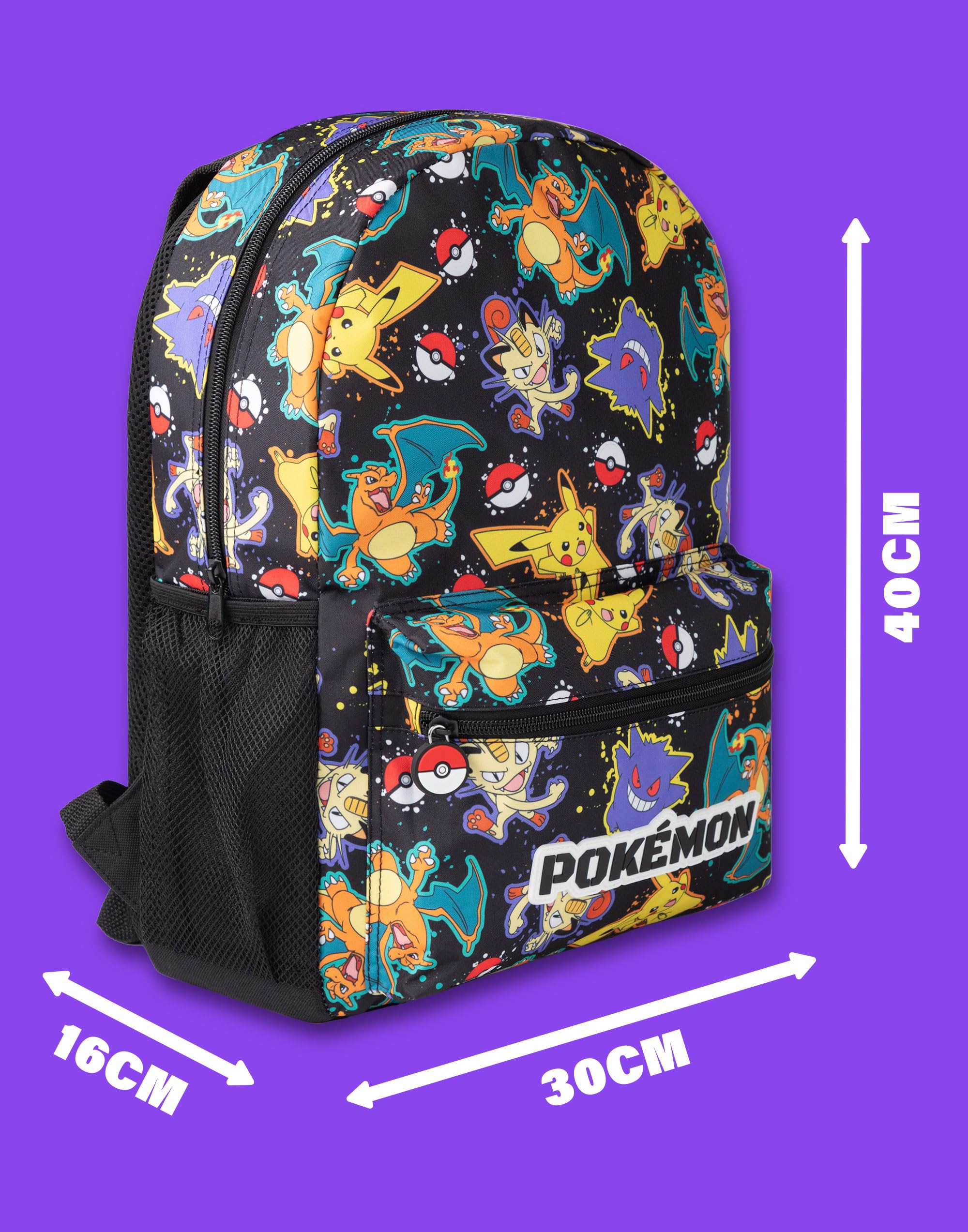 Pokémon Mochila Pikachu Charizard Gengar Meowth en Negro | Personaje infantil Bolsa estampada por toda la prenda | Correas de hombro ajustables, bolsillo frontal y soporte de malla