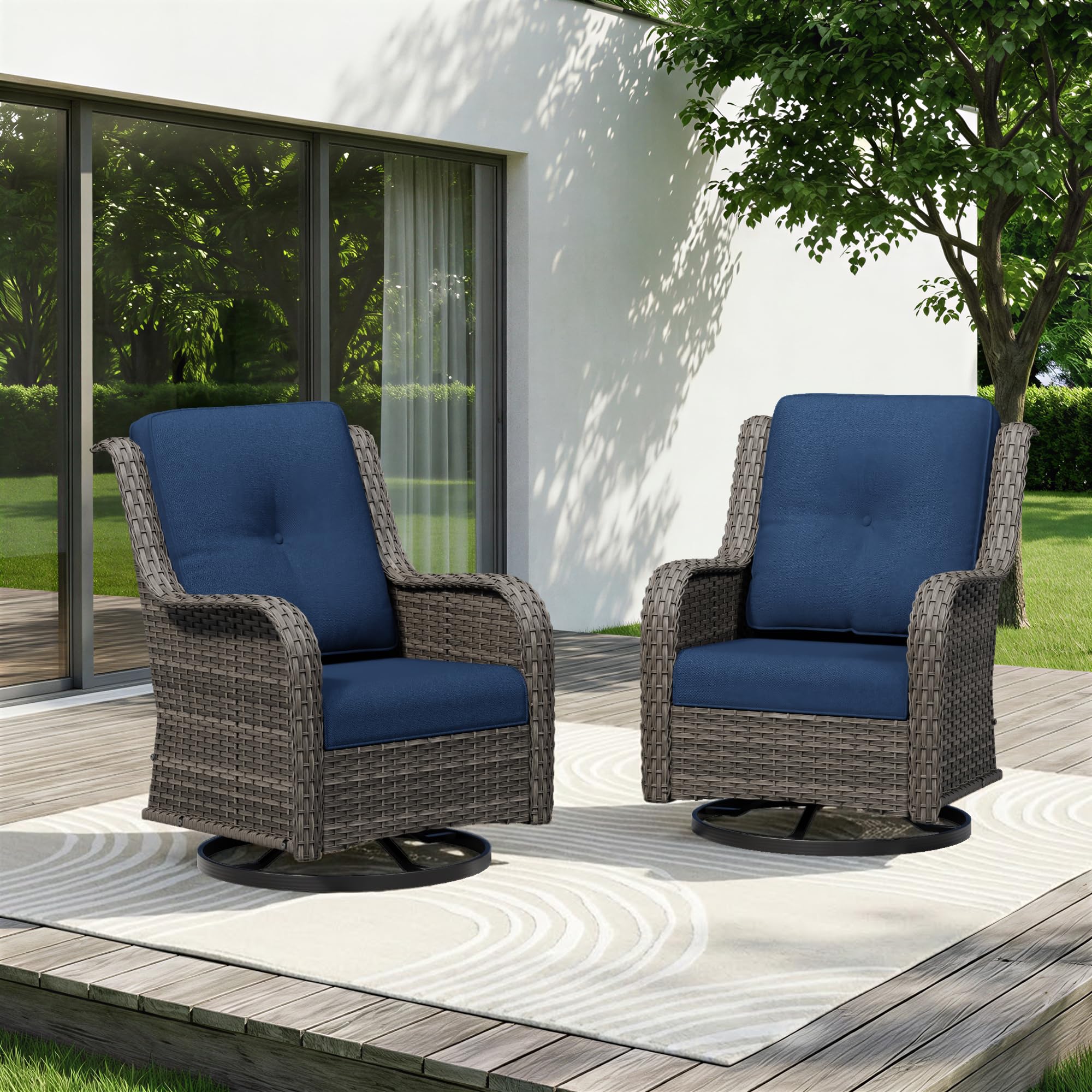 Swivel Rocker Patio Chairs Set of 2 - Outdoor Wicker Patio Furniture Set 2 Pieces with Thickened Olefin Cushions, High Back and Deep Seating, Hand-Woven PE Rattan for Porch, Deck, Blue