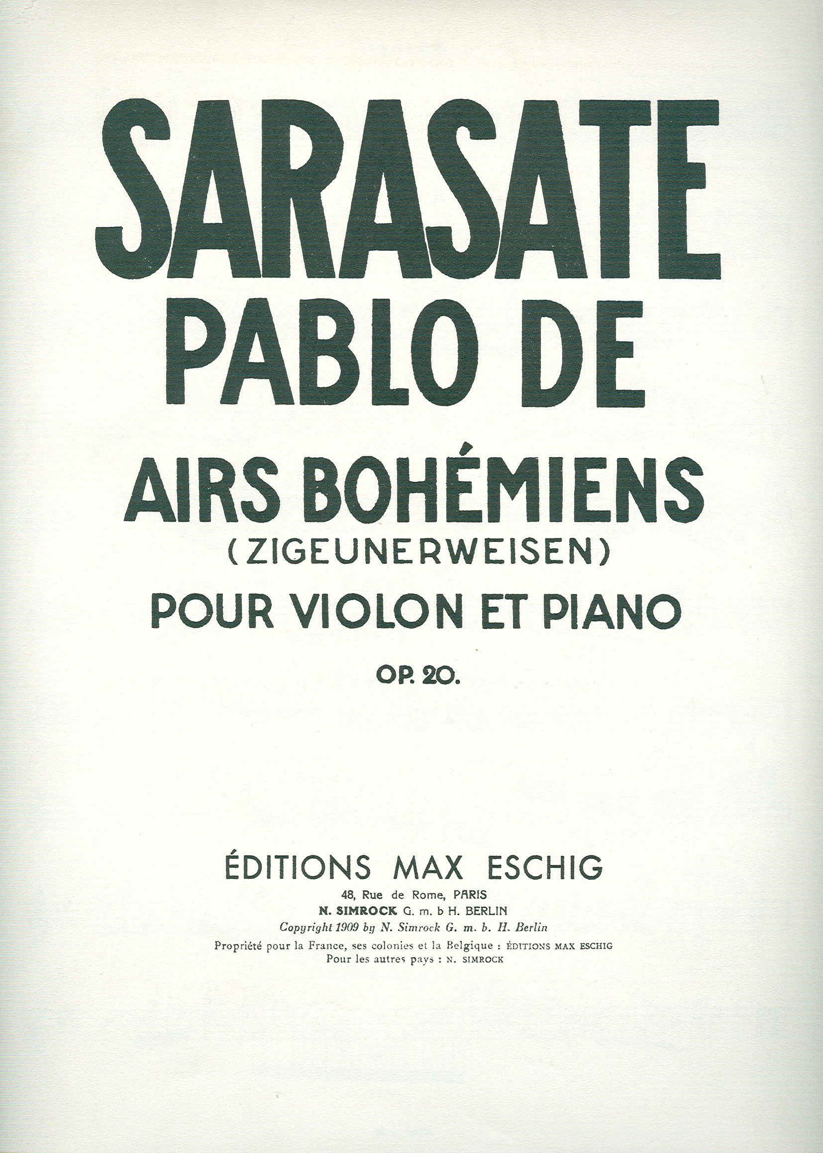 Partitions classique EDITION MAX ESCHIG SARASATE - AIRS BOHEMIENS - VIOLON ET PIANO Violon