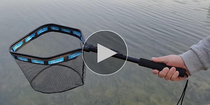 GOODCAT Floating Fishing Net with Magnetic Release, 17x12.4 Inch Rubber Coated Landing Net, Fixed 32.5 Inch Handle, Foldable Fish Friendly Net for Kayak Boat Shore Fly Fishing Freshwater Saltwater