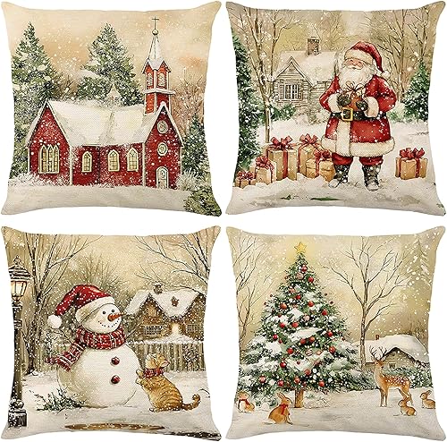 Juego de 4 fundas de almohada retro vintage de Navidad de 18 x 18 pulgadas, fundas de almohada de Navidad con diseño de iglesia nevada, Papá Noel,