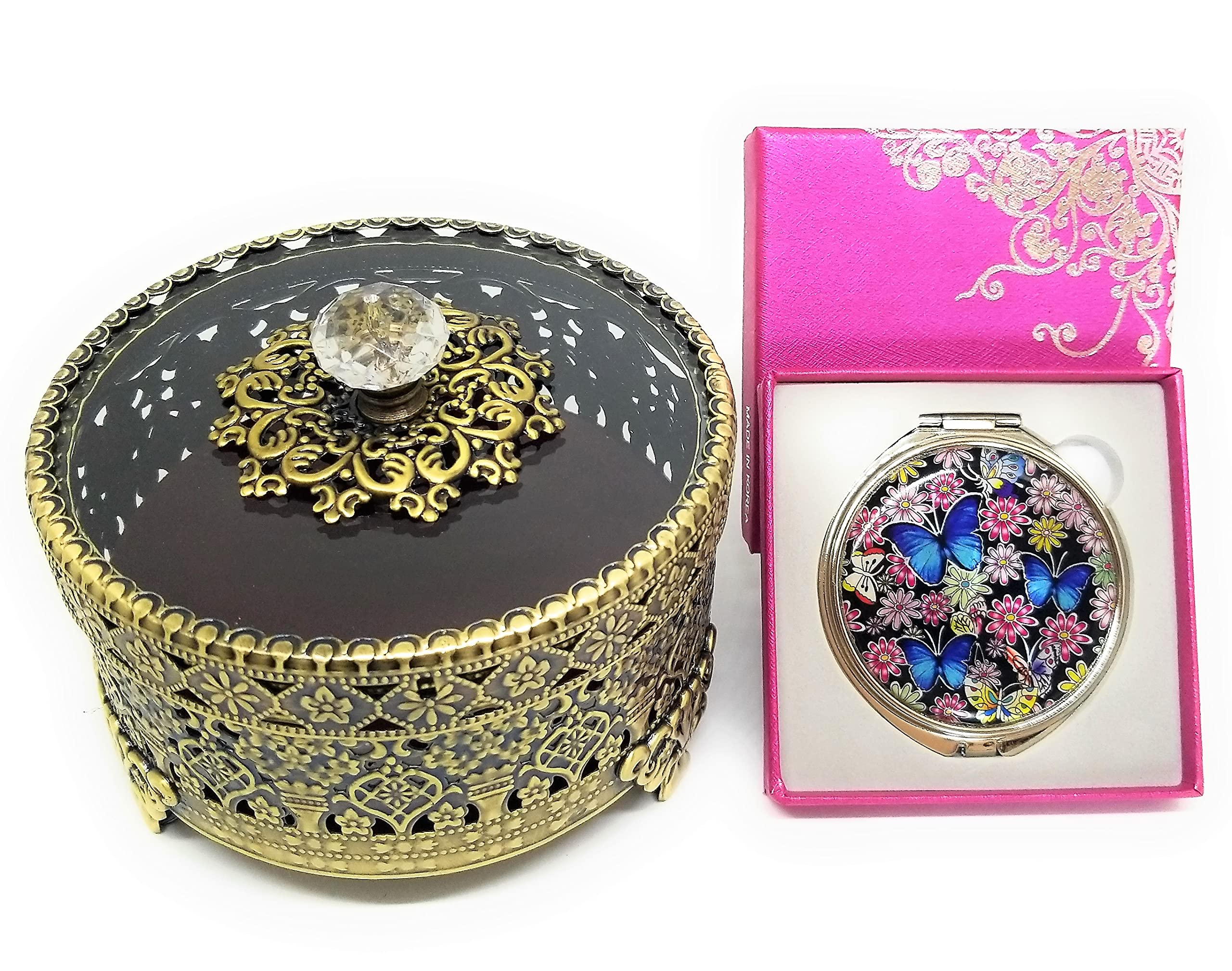 T-box Vintage Antique Decorative Metal Jewelry Trinket Ring Box and Compact Handheld Mirror Gift Set of 2 for Birthday, Wedding Anniversary, Valentine's Day, Mother’s Day (Matte Gold)
