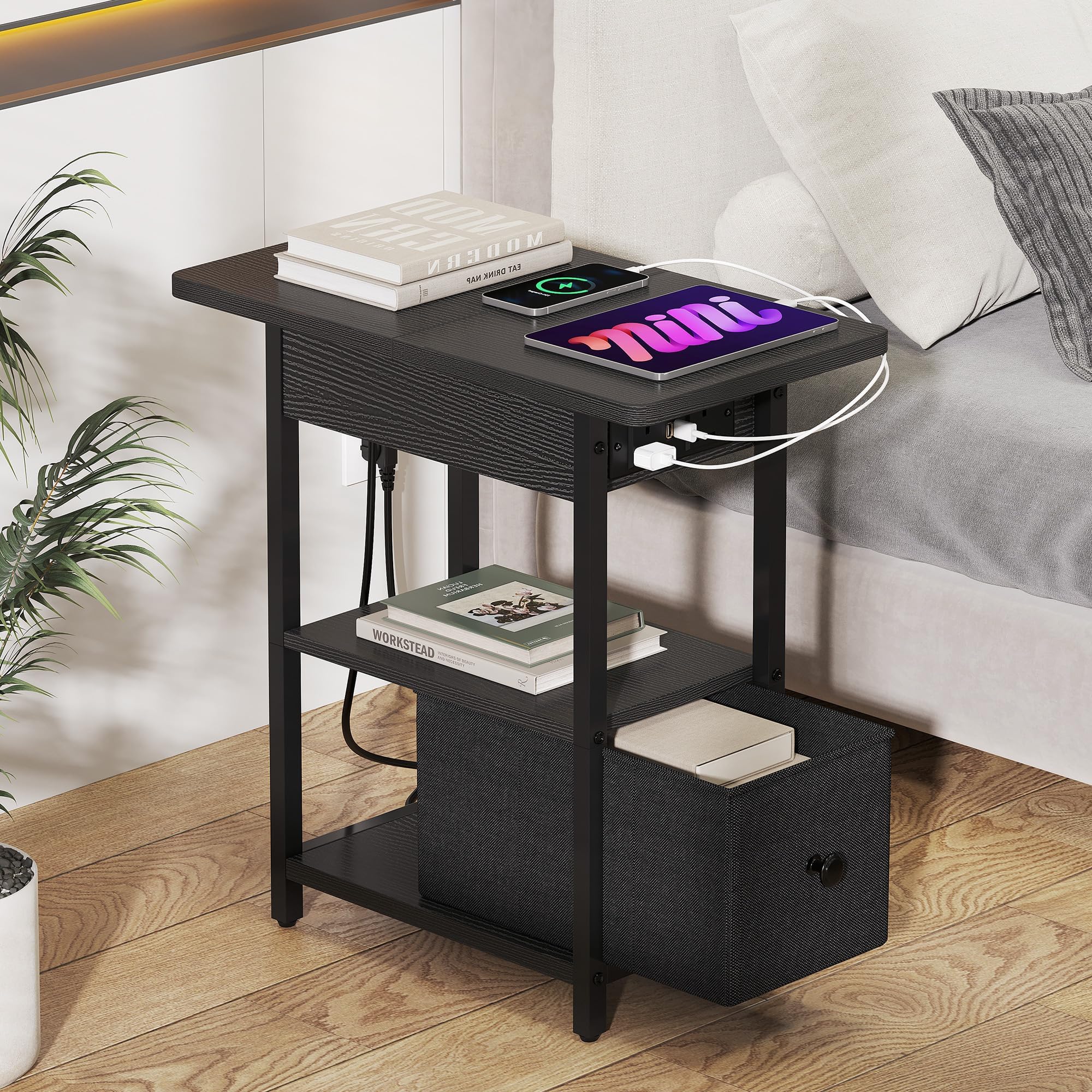 YITAHOME Narrow Side Table with Charging Station, Black Slim Side Table ...