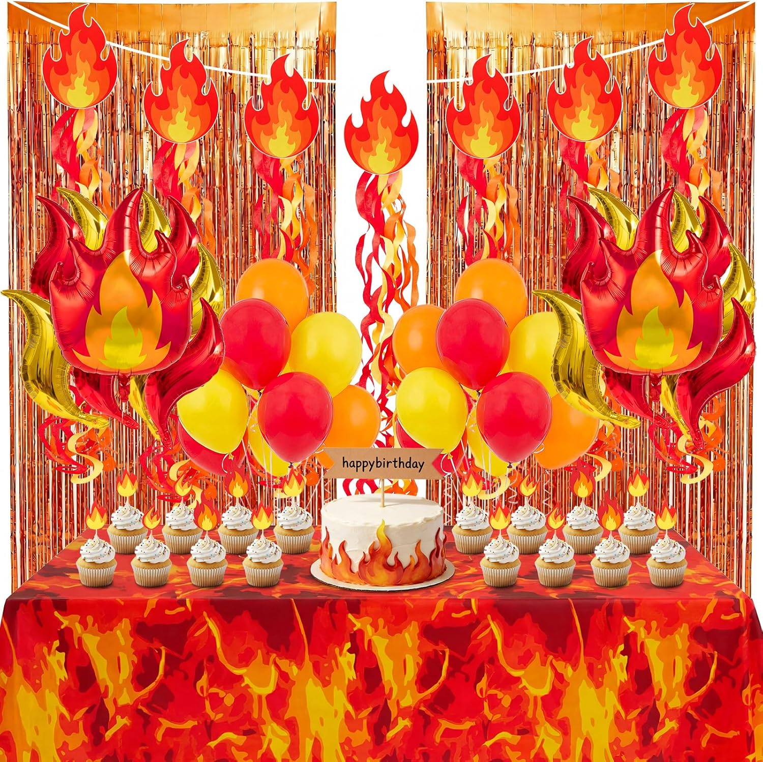63PCS Fire Party Decorations, Pentecost Decorations - All-in-One Firefighter Birthday Party Decorations - with 2 Foil Fringe Curtains, 2 Flame Banners, 10 Flame Swirls, 1 Tablecloth for Kids Boys