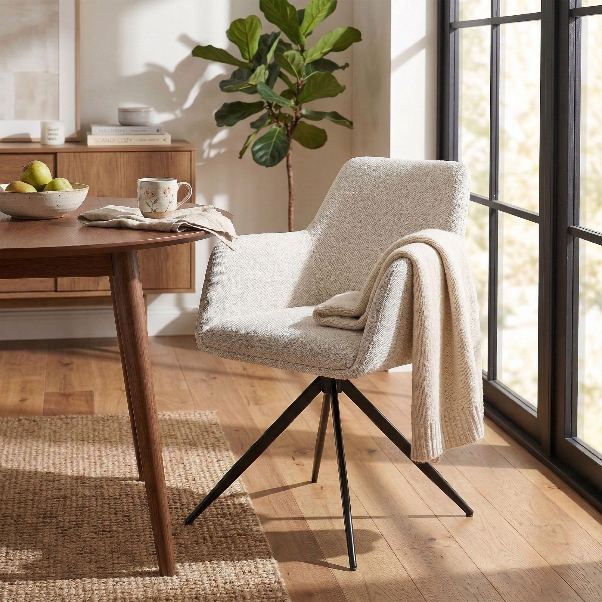 CLP Silla de Comedor giratoria Olema en Tela, butaca 180 Grados con reposabrazos y Respaldo, tapiceria facil de Limpiar Color:Crema
