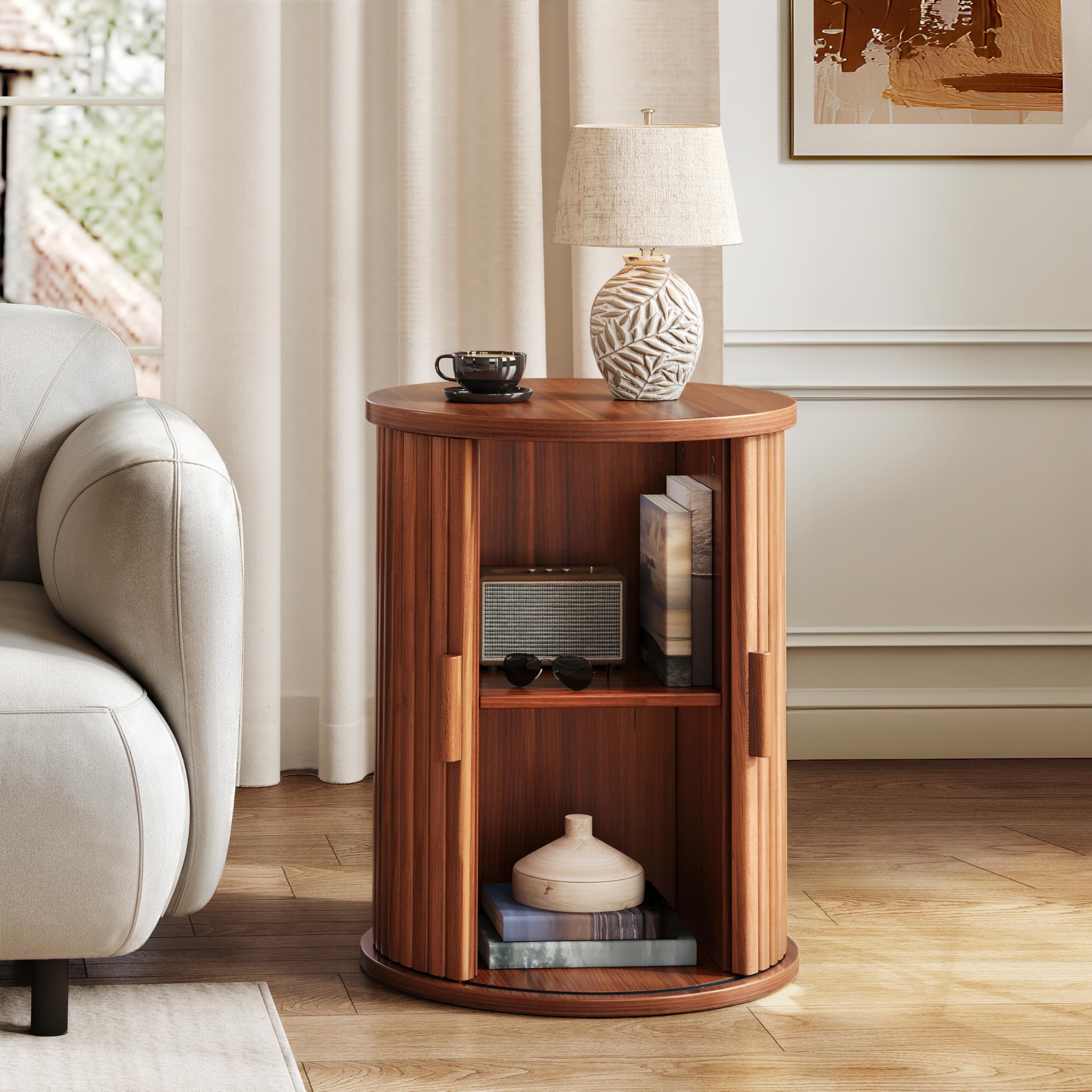YITAHOME Mesa Redonda con Armario de Puerta corrediza, Mesa Auxiliar con Estante de Almacenamiento de 2 Niveles para Dormitorio, Comedor, Sala de Estar, Oficina en casa o apartamento, Mesa de café