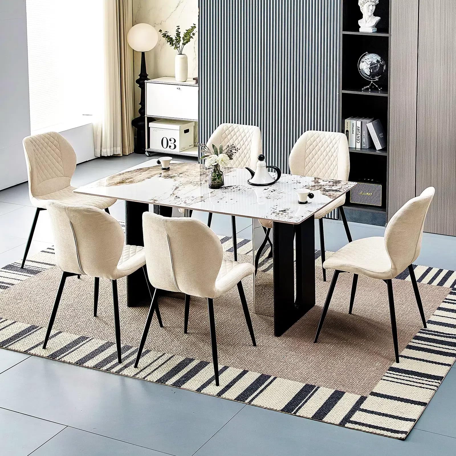 JIJIAN Lot de 6 chaises de salle à manger, de cuisine, de salon, rembourrées, ergonomiques en lin, pour salle à manger, cuisine, chambre à coucher, réception, beige