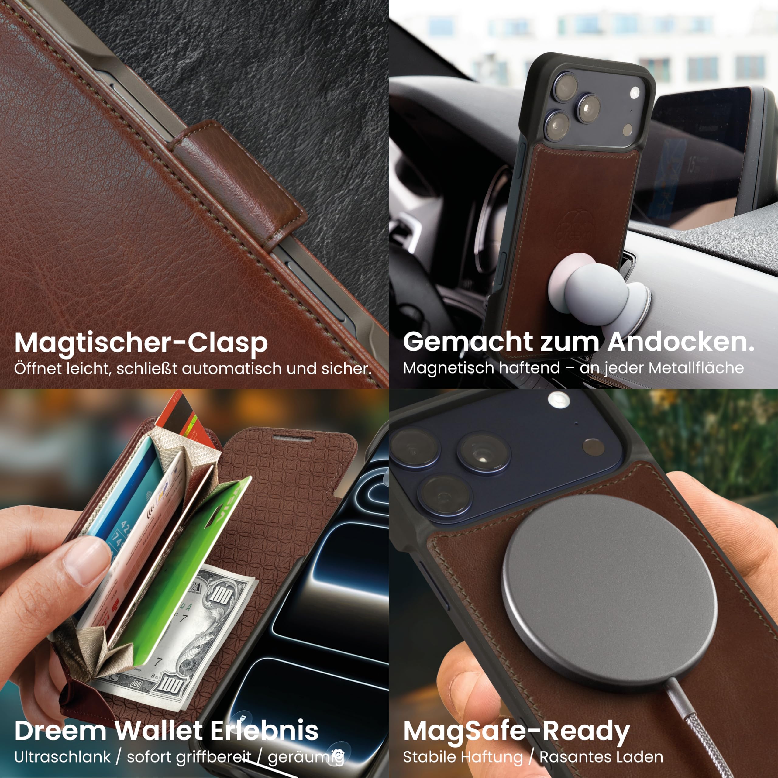 Dreem Lederhülle für iPhone 17 Pro Max - Revolutionärer Ständer & Kartenfach, Abnehmbare Magnetische Hülle, MagSafe-Ready, RFID-Blocker, Wallet-Case aus Echtem Leder, Geschenkbox [Fibonacci:Chestnut]