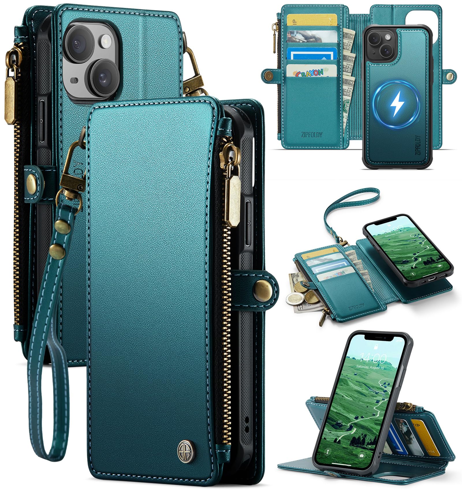 Photo 1 of ZipFoldy iPhone 14 Wallet Case - Detachable, Turquoise