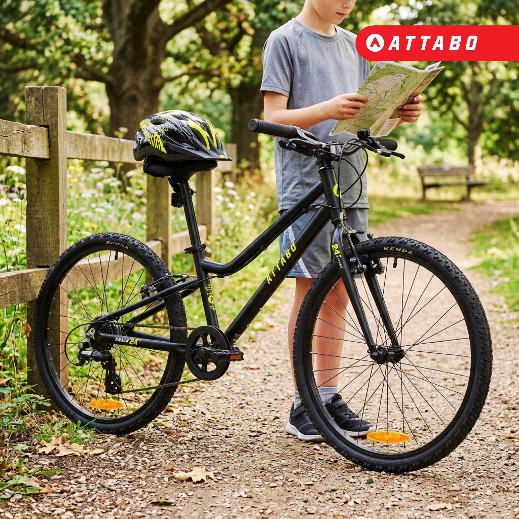 ATTABO Knack 24 - Bicicleta Infantil (7-11 años) con Cuadro de Aluminio Ligero (Solo 10 kg), Ruedas de 24", Horquilla de Acero, para 120-145 cm, Manillar ergonómico Ideal para Senderismo y Tiempo